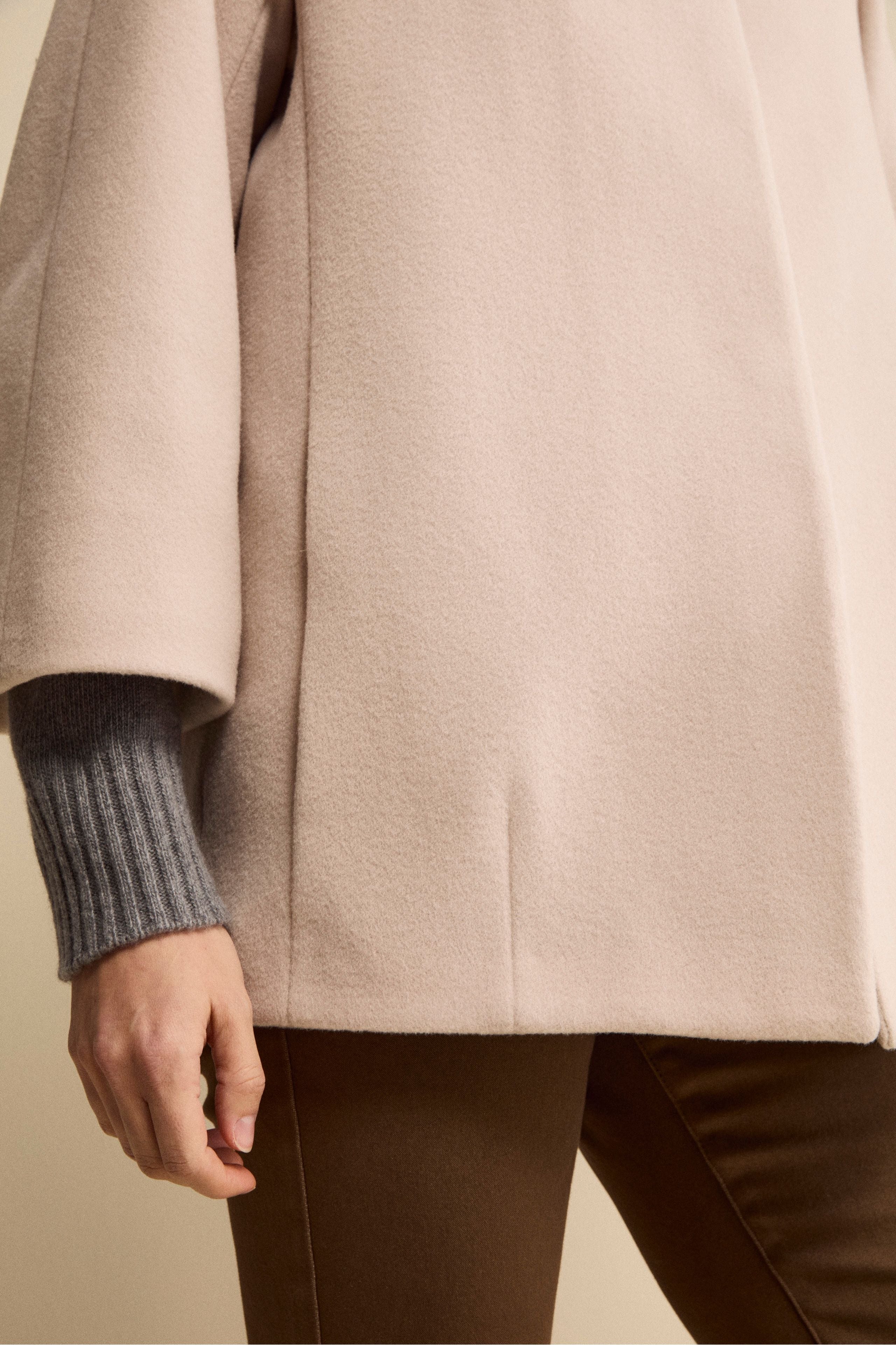 Wool and Cashmere Cape with Hood and Lining - ALMOND