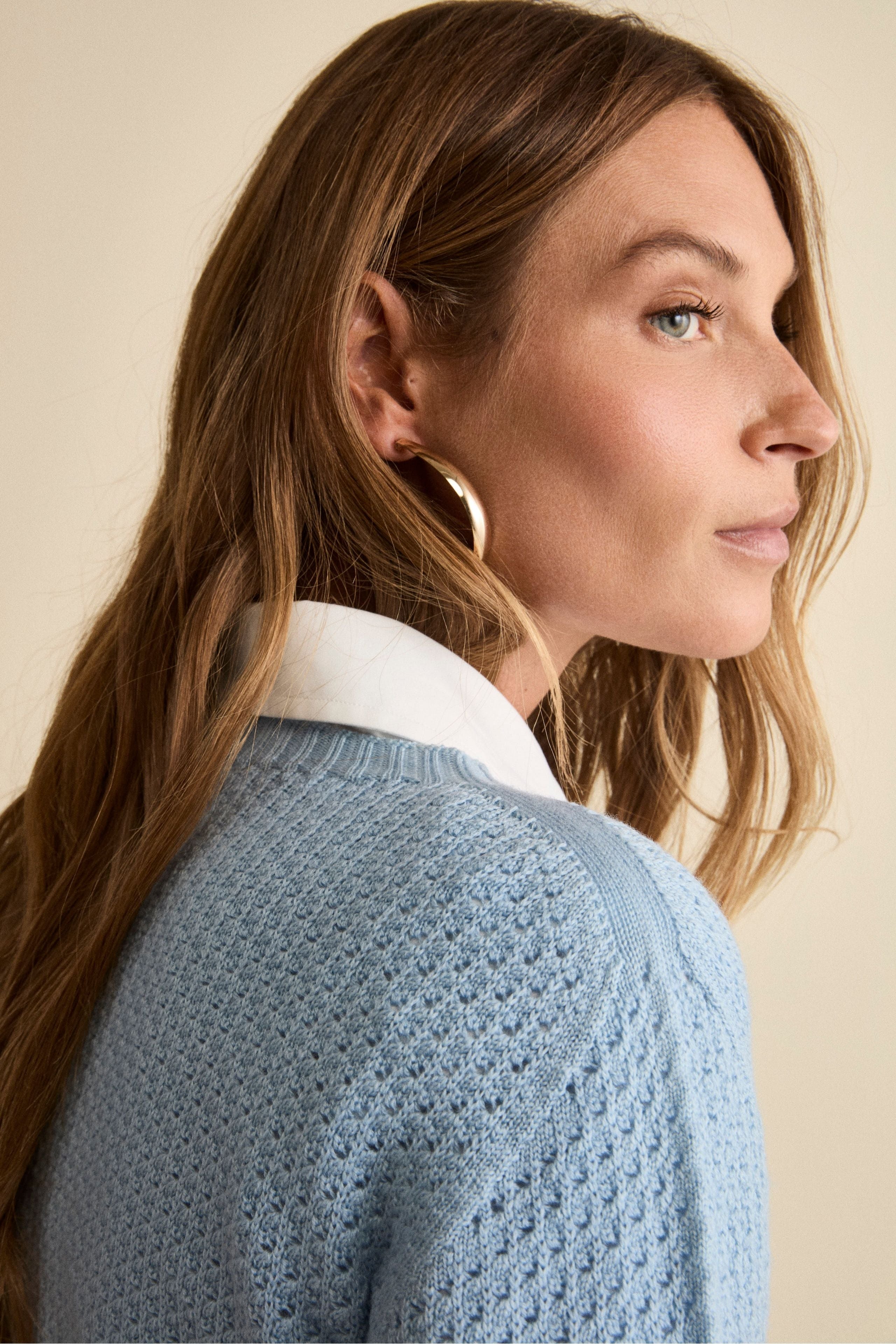 Openwork Merino Wool Crewneck Sweater - Light blue