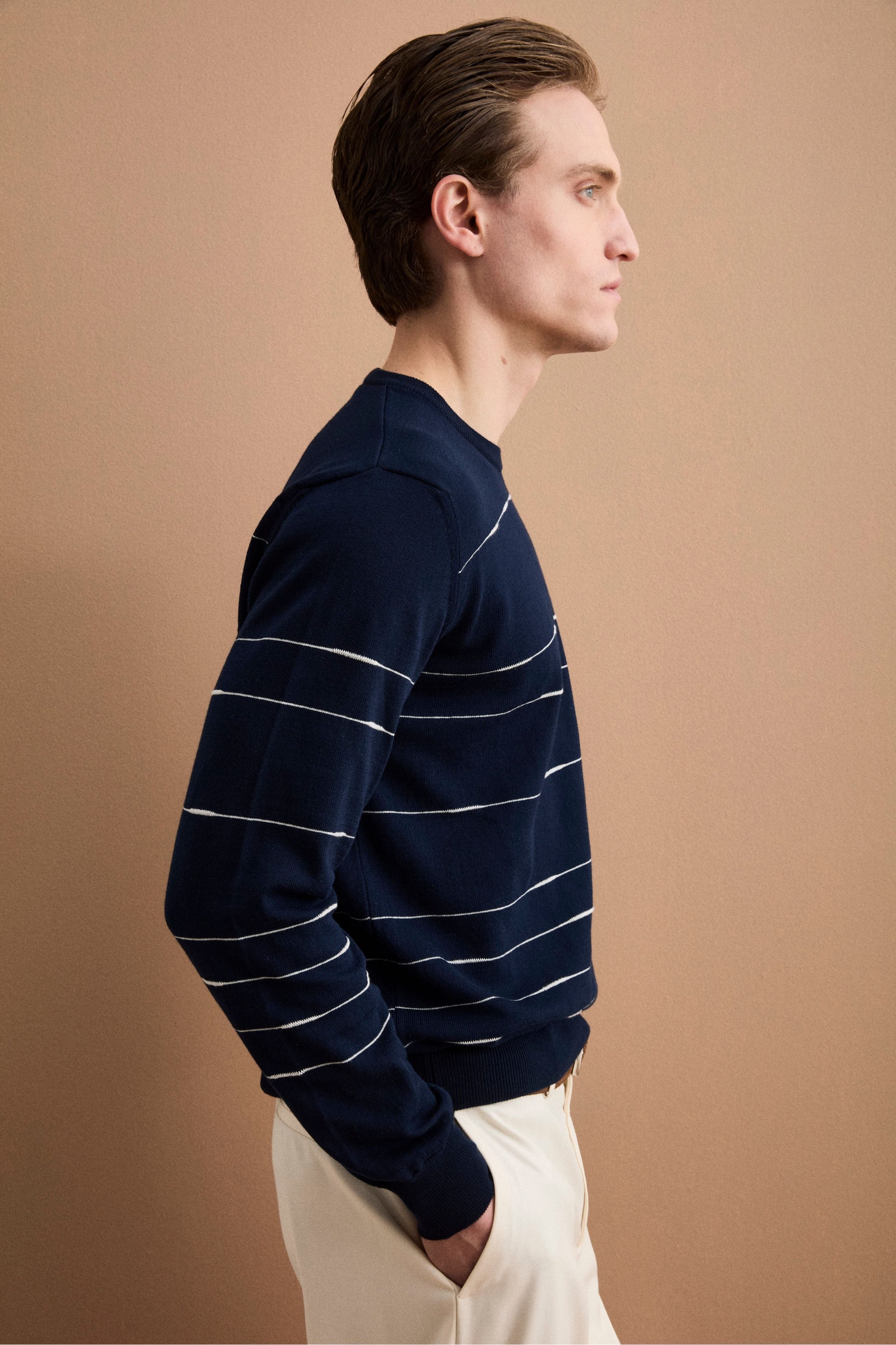 Gestreifter Rundhals-Strickpullover aus Baumwolle Regular Fit - Blau-Weiß