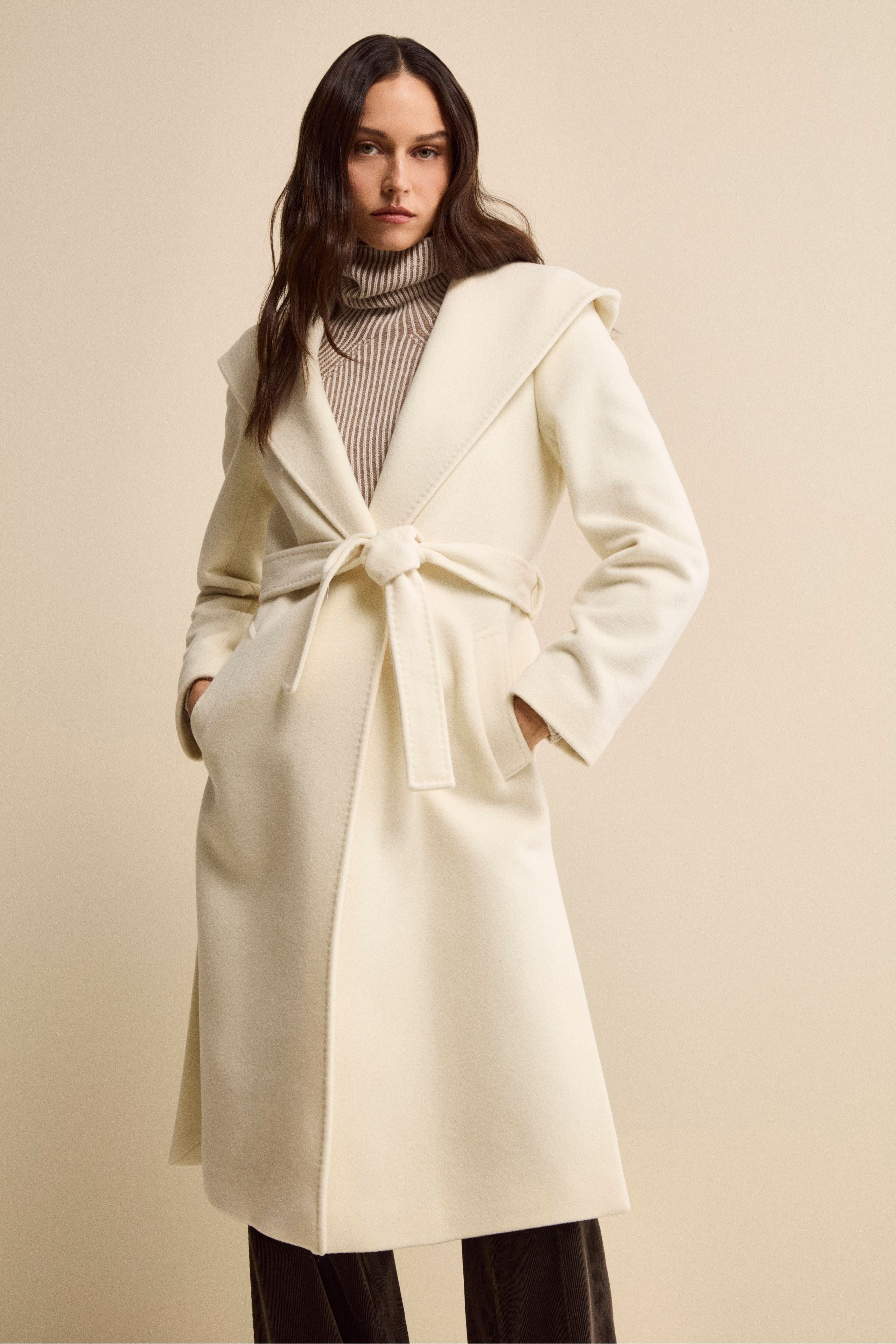 Long Coat in Wool and Cashmere with Hood - CREAM