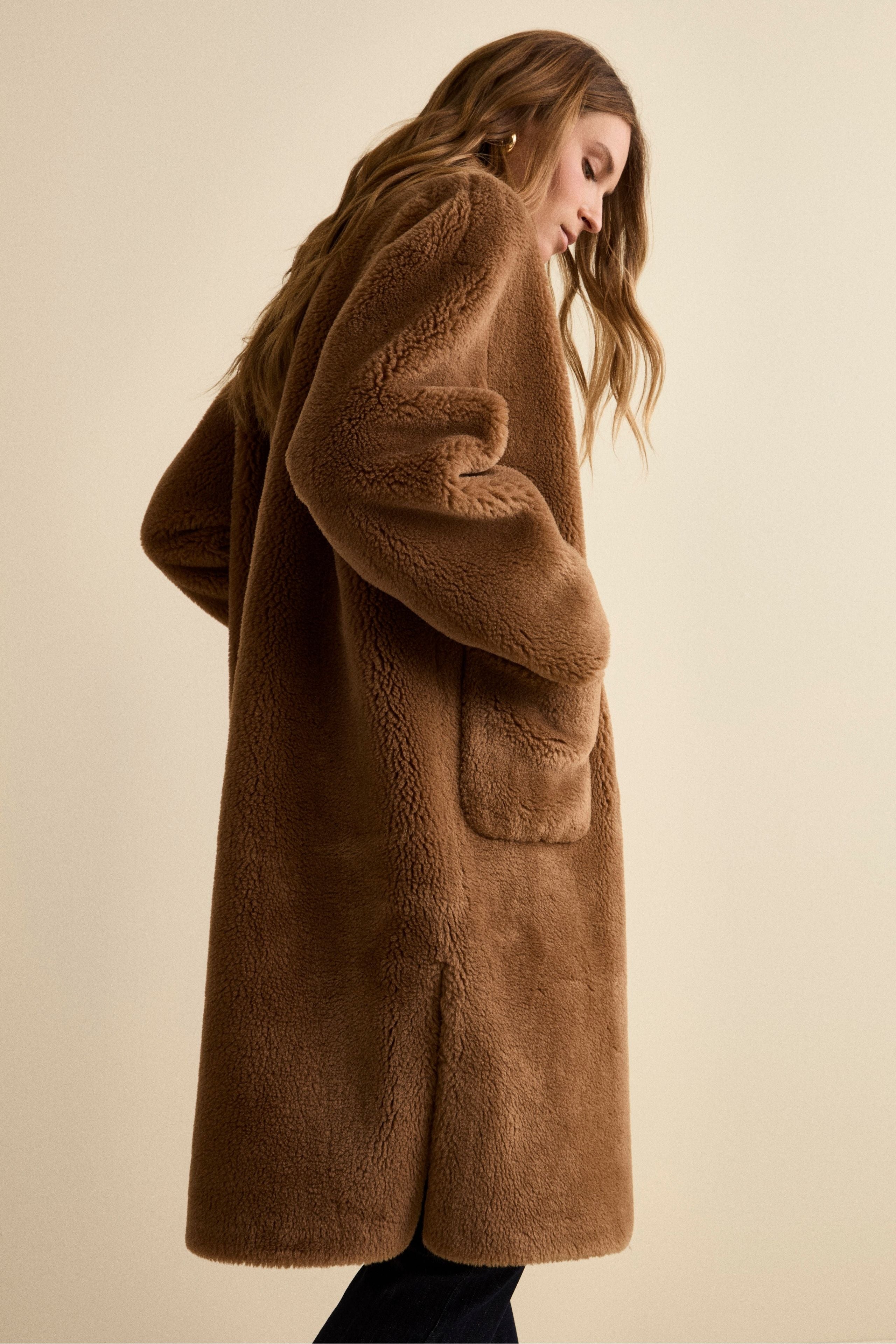 Reversible Teddy Coat in Wool Blend - Tobacco brown