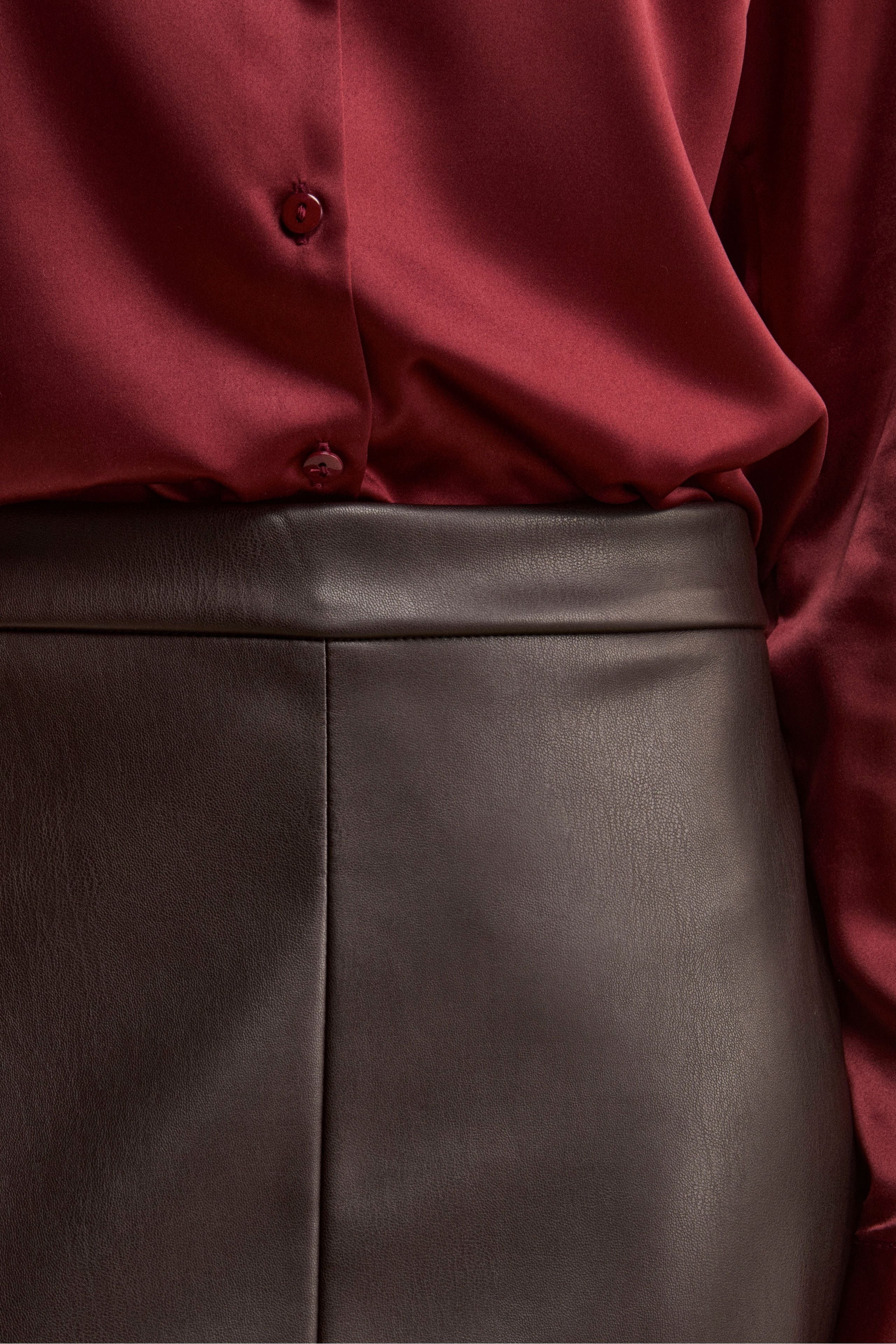 Long Faux-Leather Skirt with Slit - Dark brown