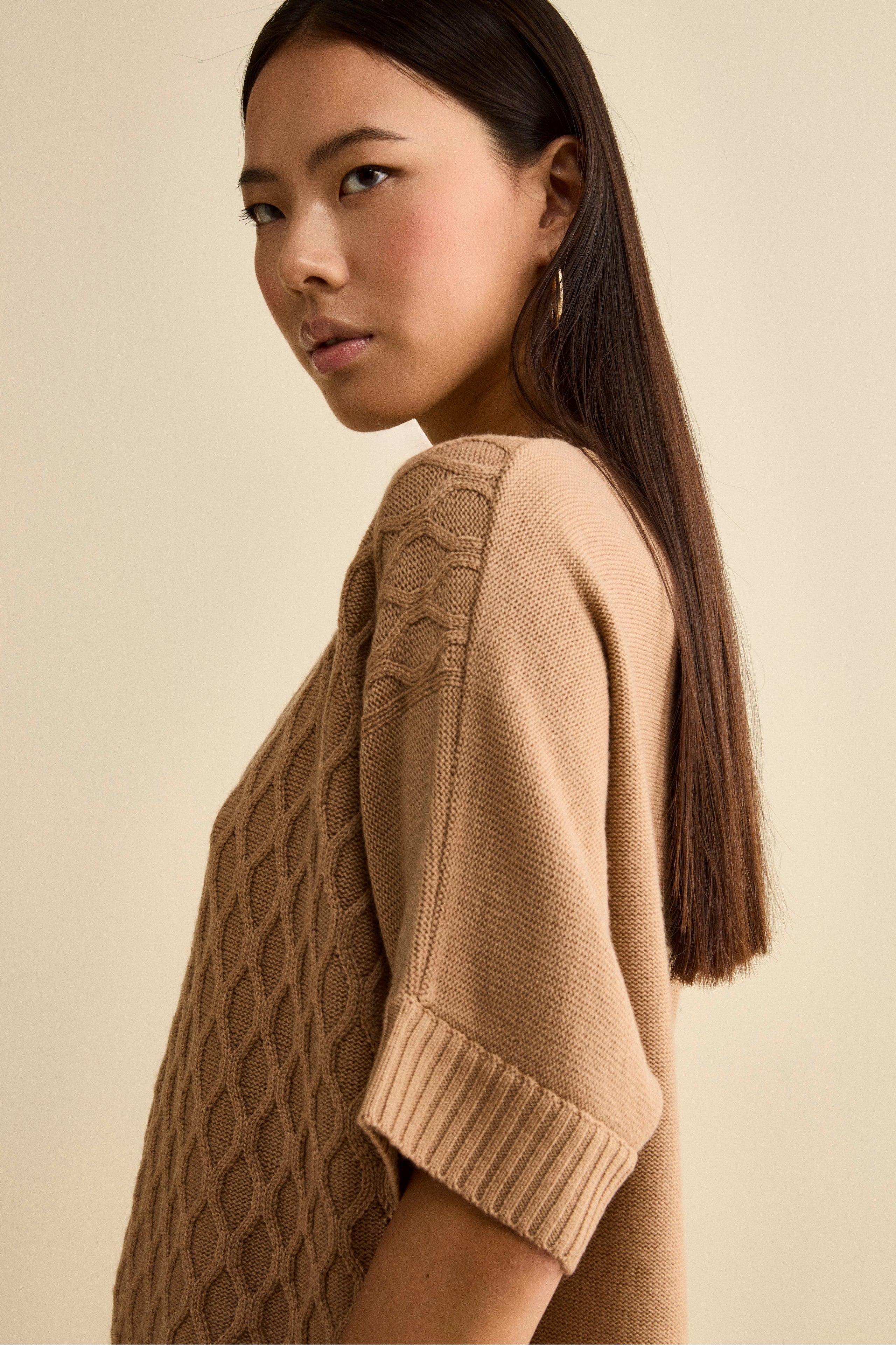 Short-Sleeve Crewneck in Merino Wool - Camel