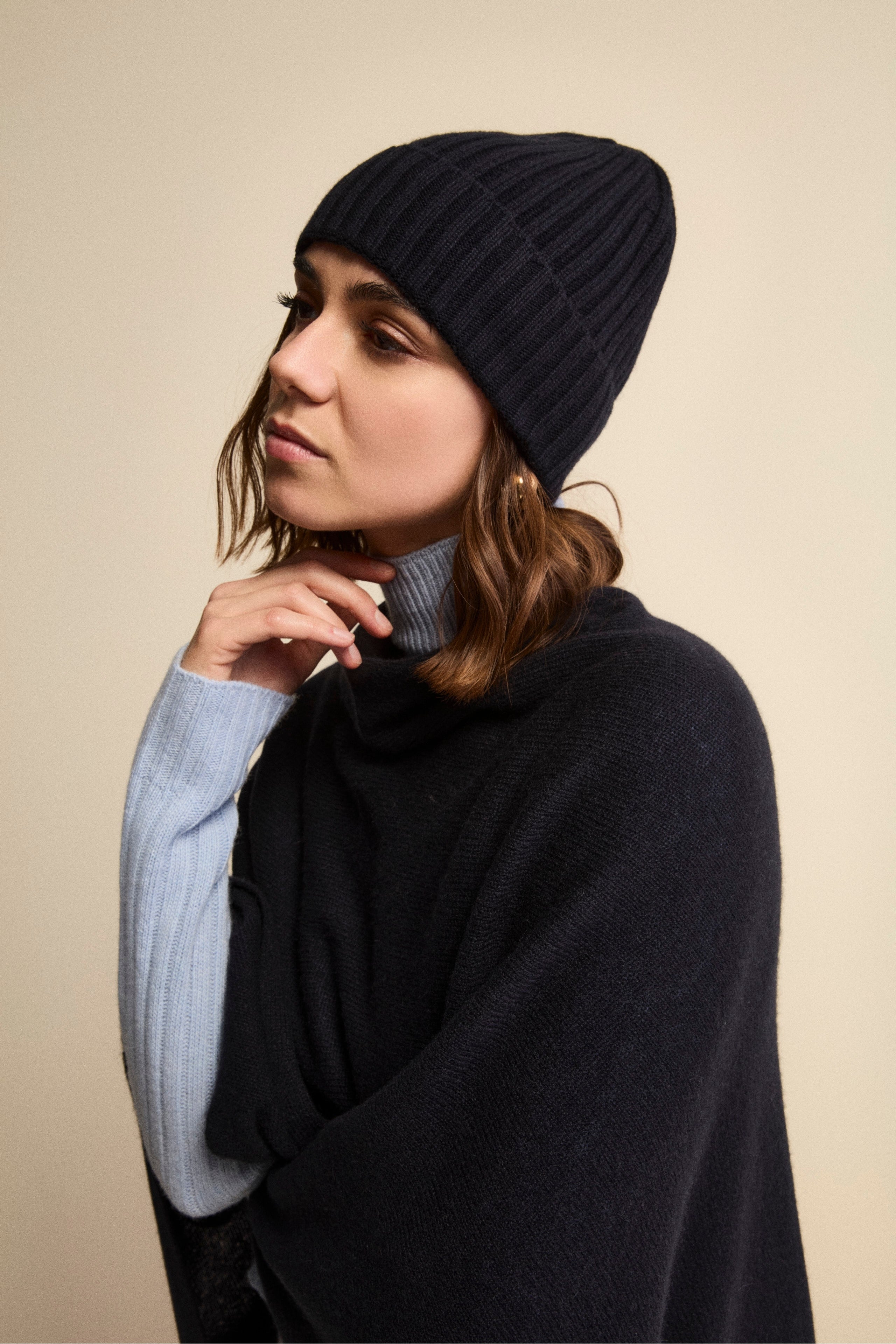 Ribbed cashmere beanie - Marine Blue