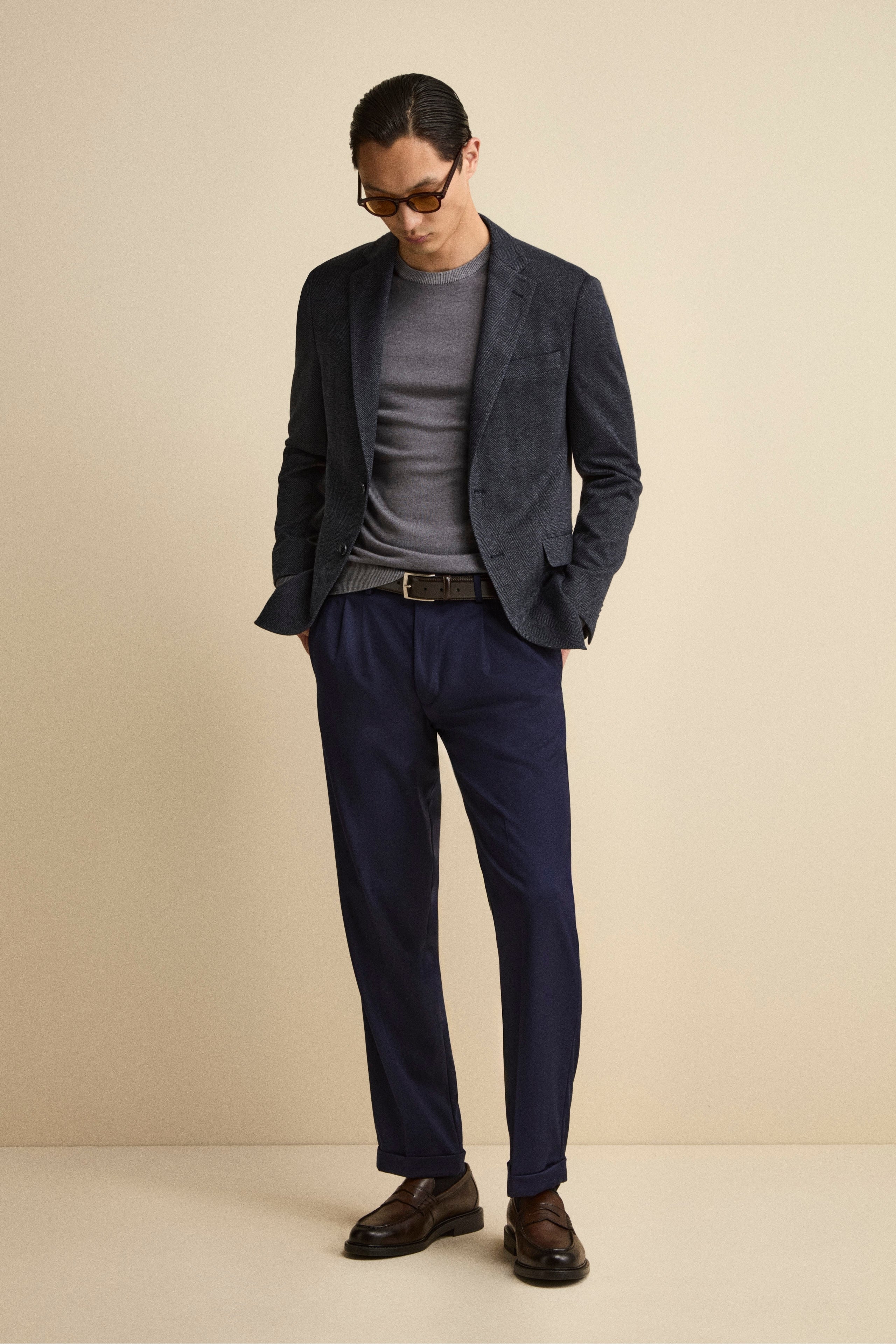 Straight-Leg Wool-Blend Trousers with Pleats and Cuffed Hem - BLUE