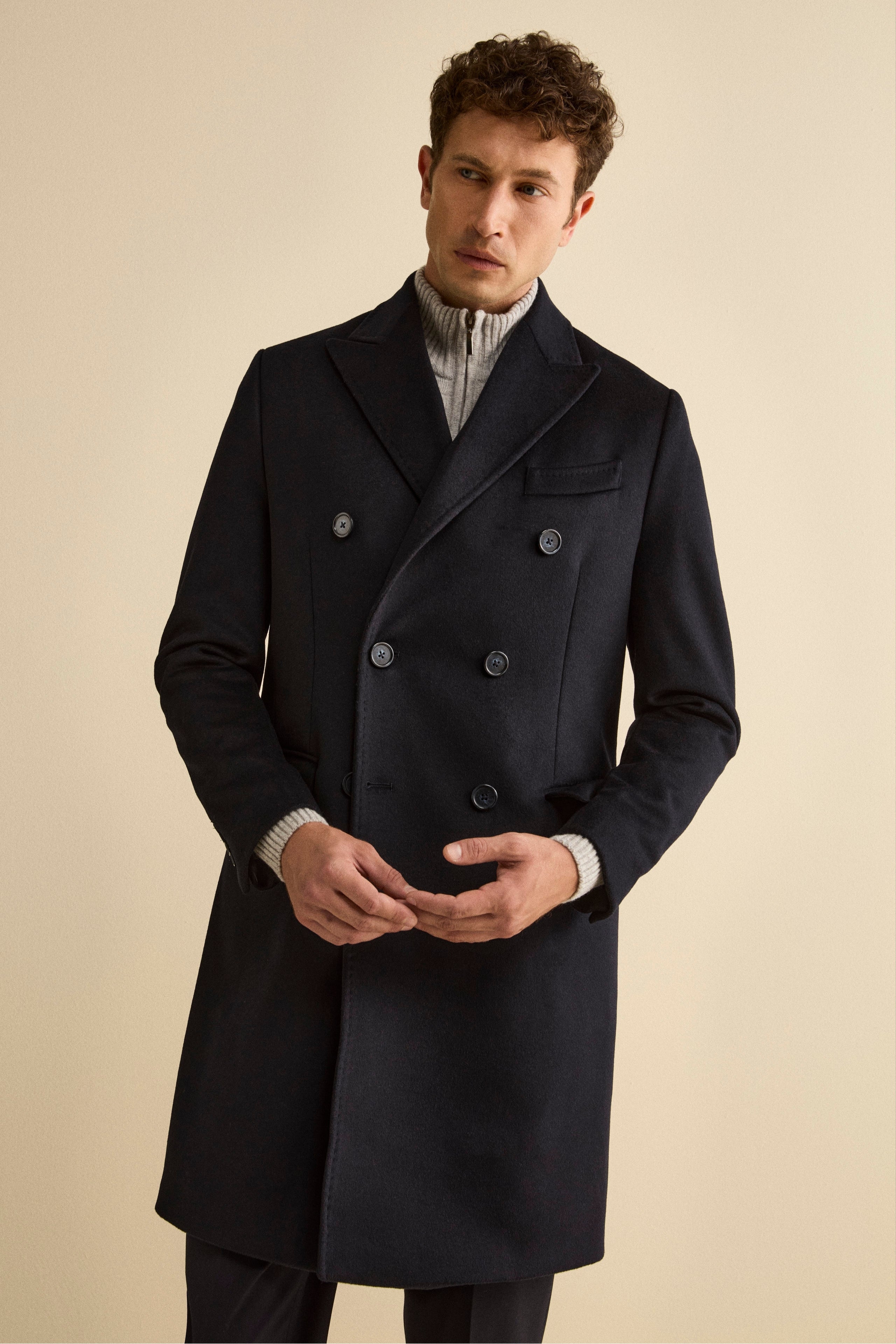 Midi Double-Breasted Coat in Wool and Cashmere Blend with Half-Belt - BLUE