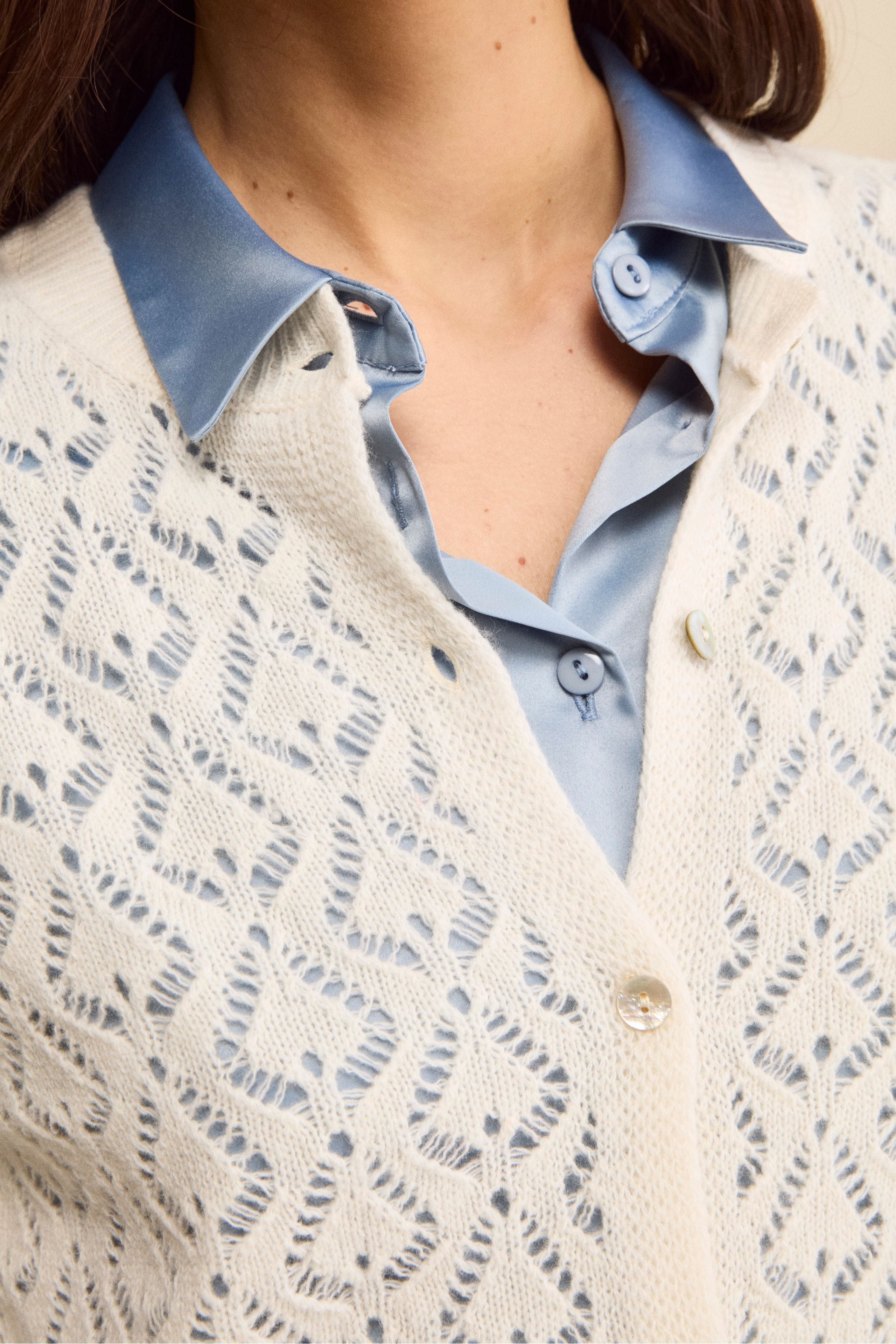 Openwork V-Neck Cardigan in Wool and Cashmere - Cream white