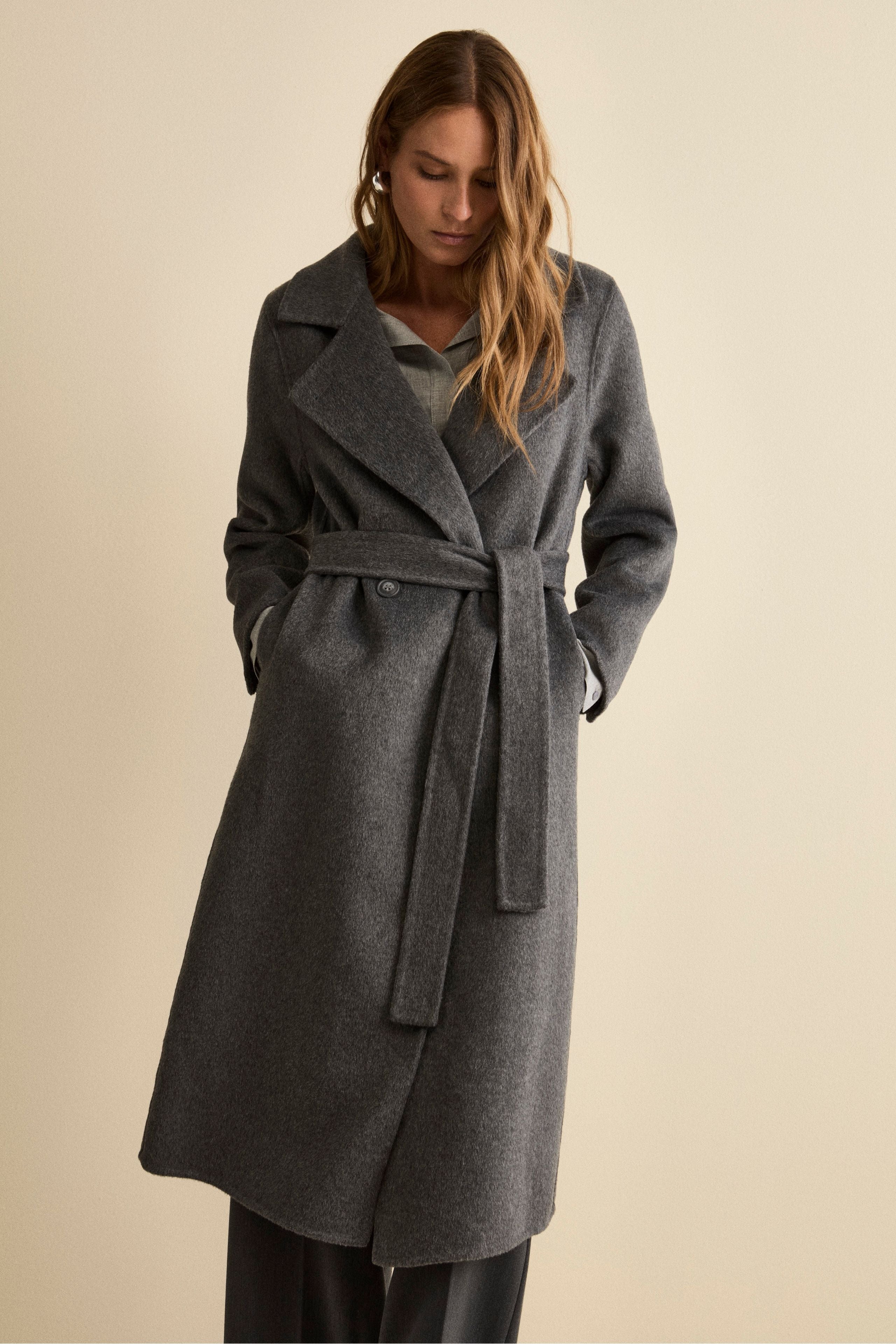 Unlined Long Double-Breasted Coat in Wool Blend - GREY