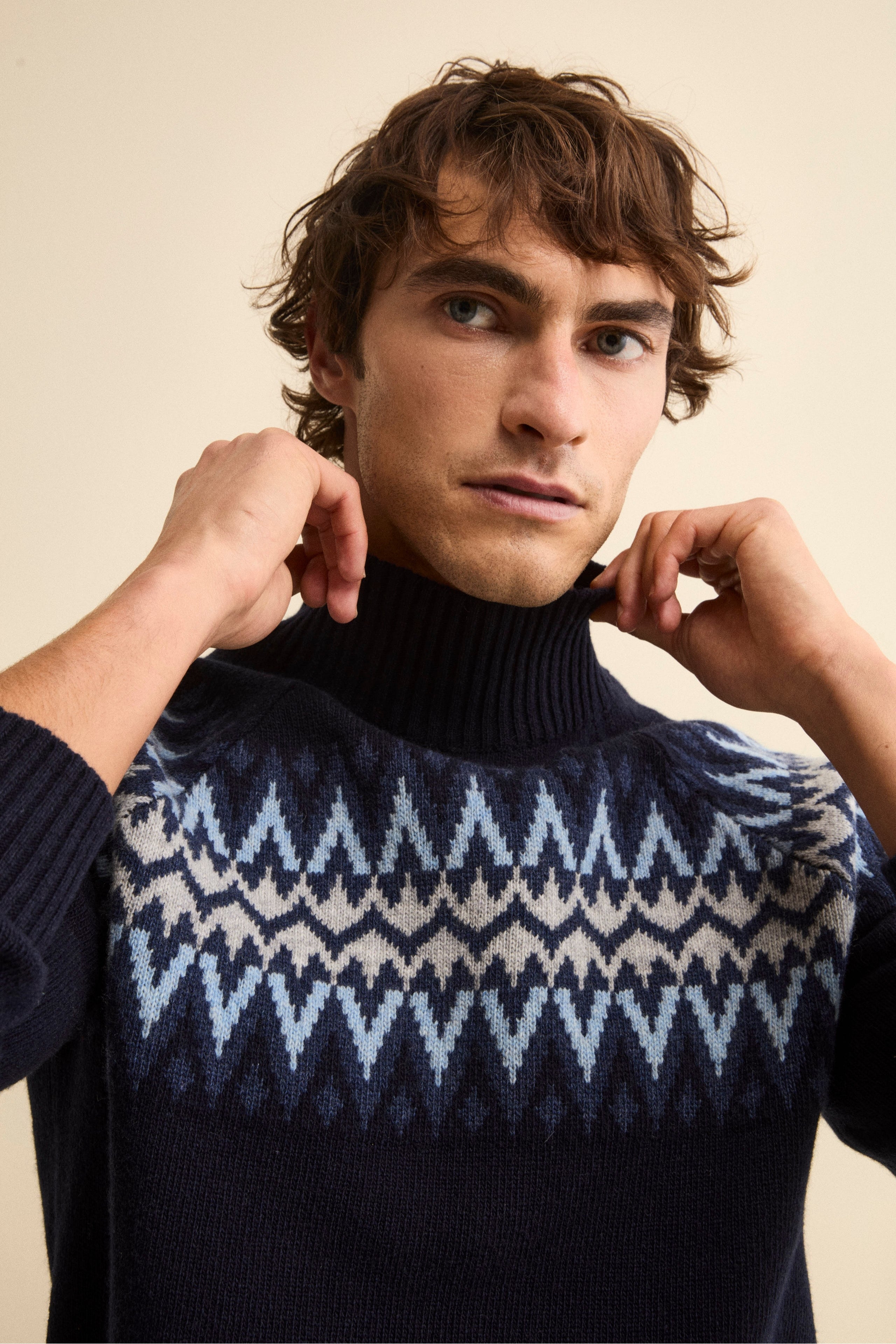 Jacquard Norwegian Mock Neck in Merino Wool - Blue-Light blue