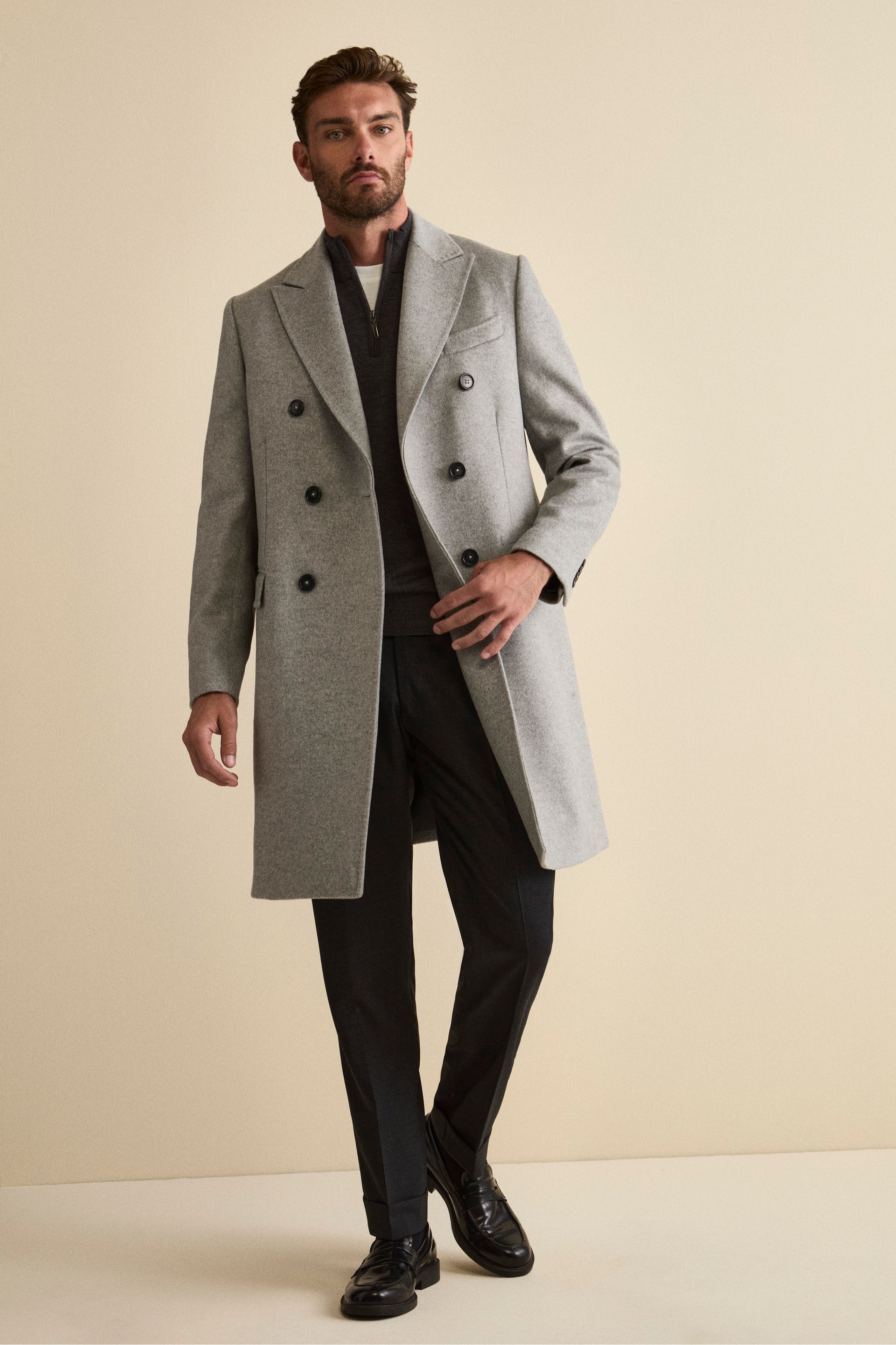 Midi Double-Breasted Coat in Wool and Cashmere Blend with Half-Belt - Light grey