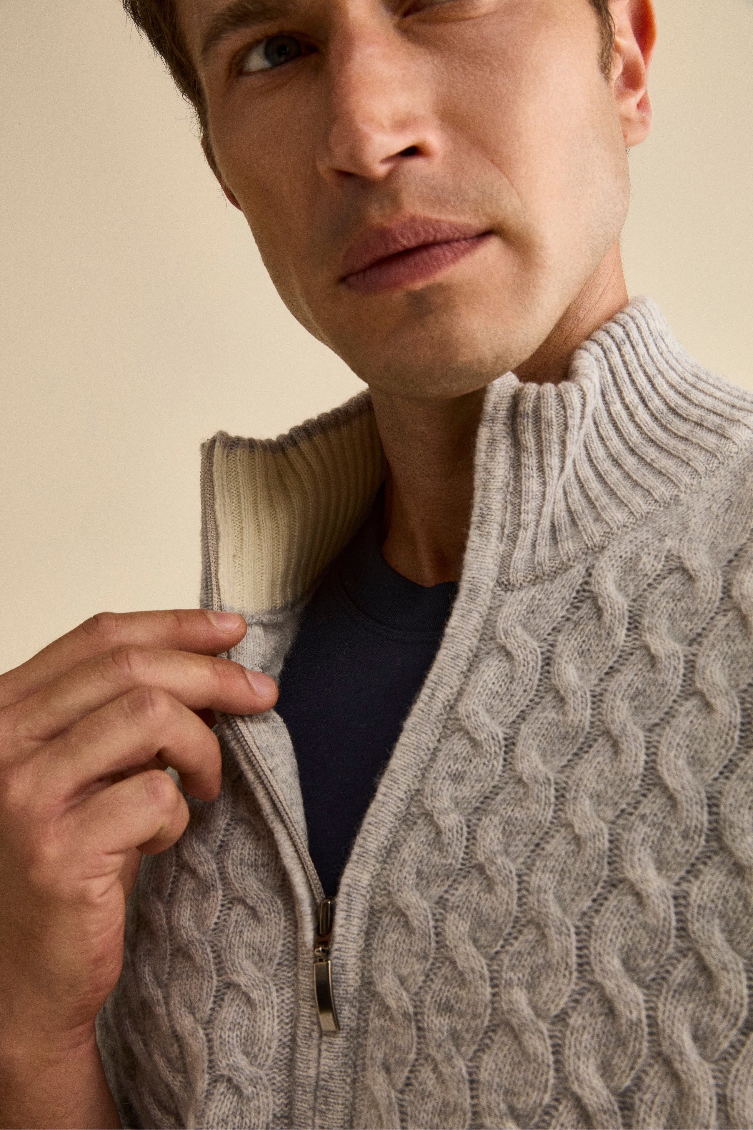 Cable-Knit Wool Bomber with Mock Neck - Grey melange