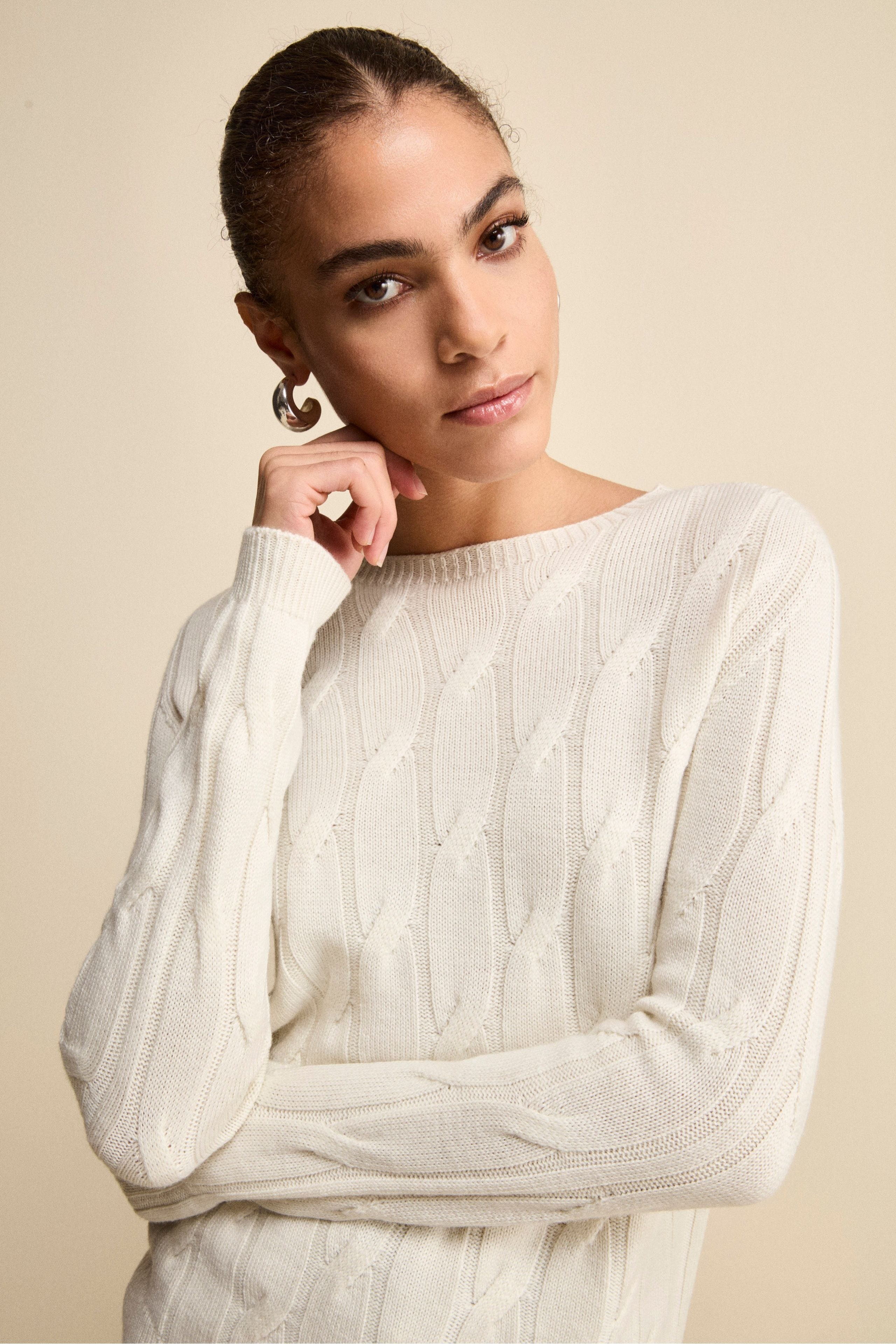 Cable-Knit Crewneck Sweater in Merino Wool - ECRU