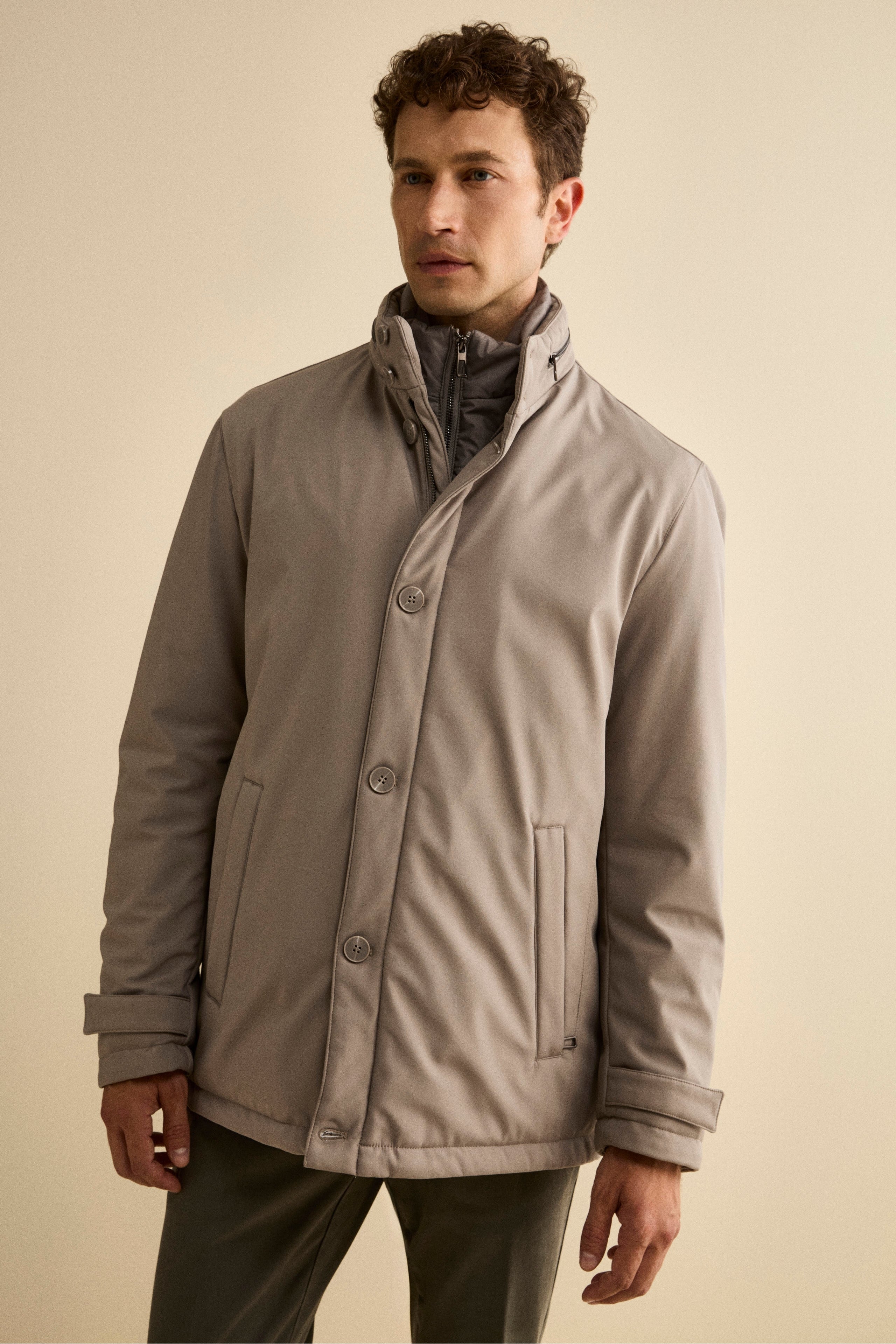 Winter Coat with Removable Bib and Detachable Hood - Sand brown