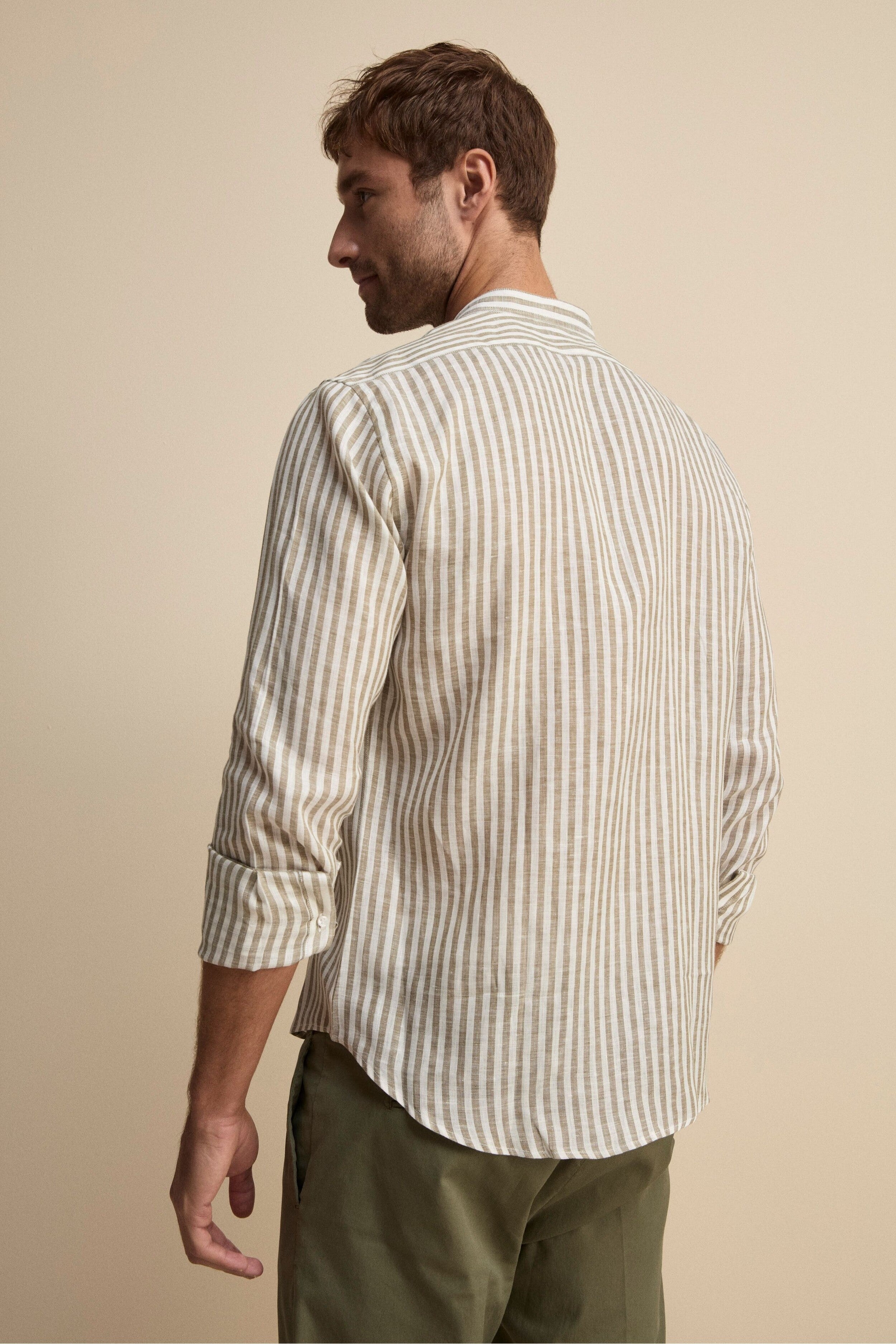 Camicia Lino Coreana Custom Fit - VERDE RIGATO