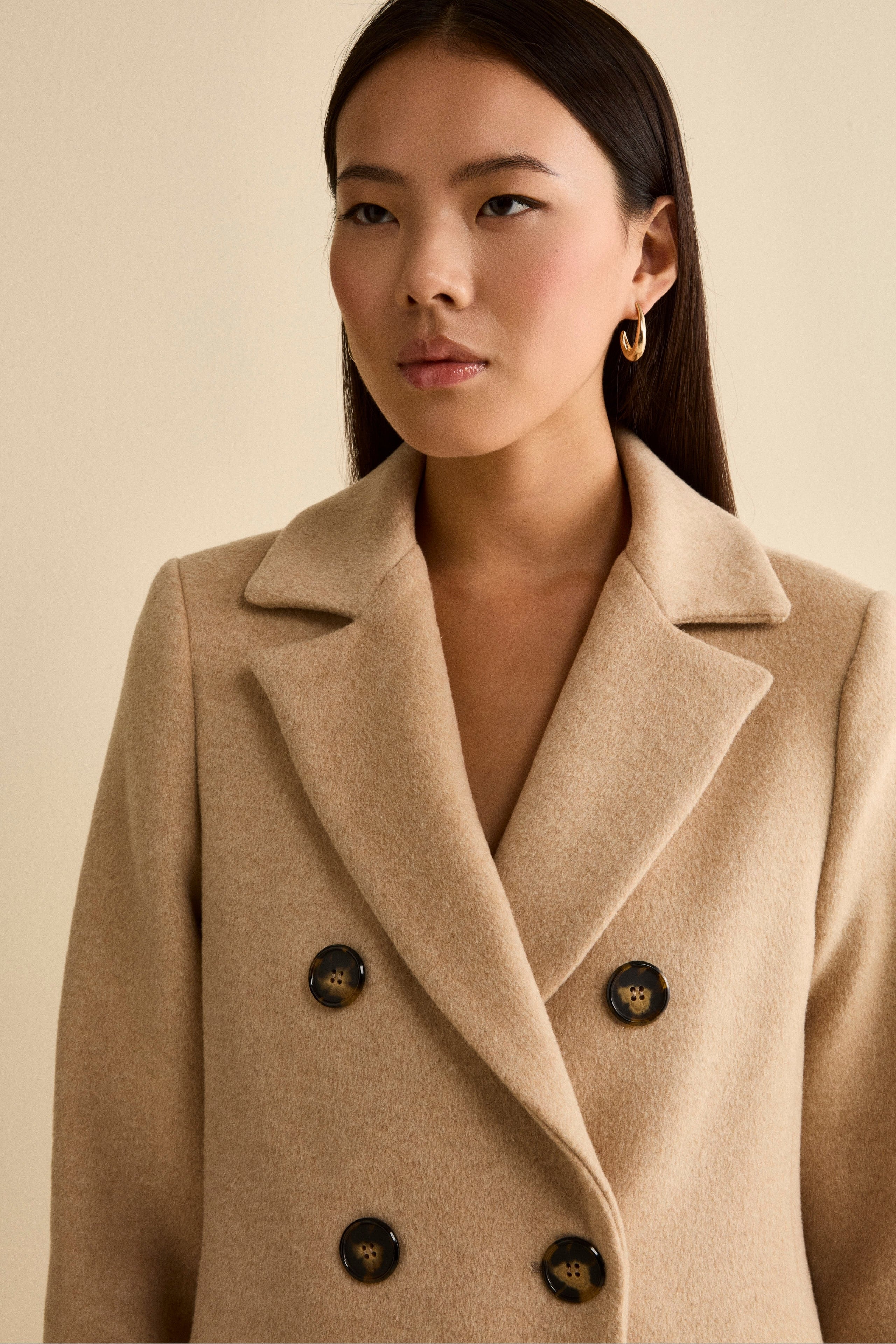 Long Double-Breasted Lined Coat in Wool Blend - CREAM