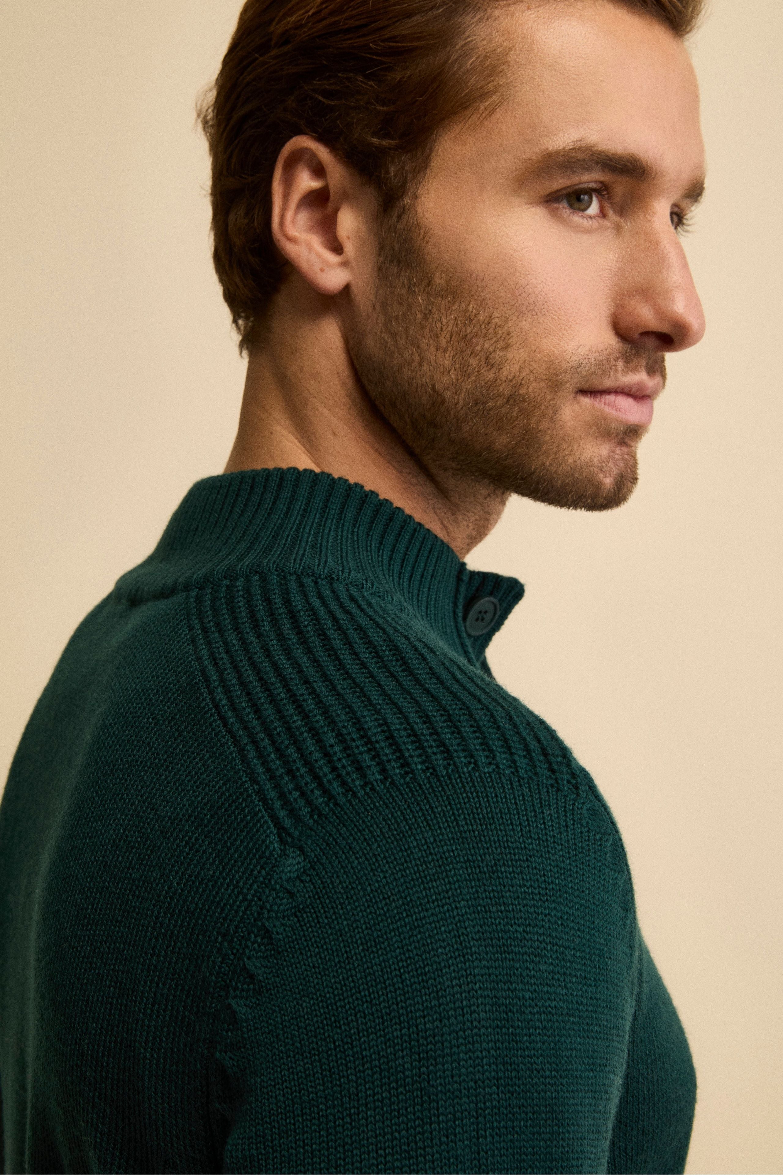 Buttoned Mock Neck in Mouline Virgin Wool - GREEN