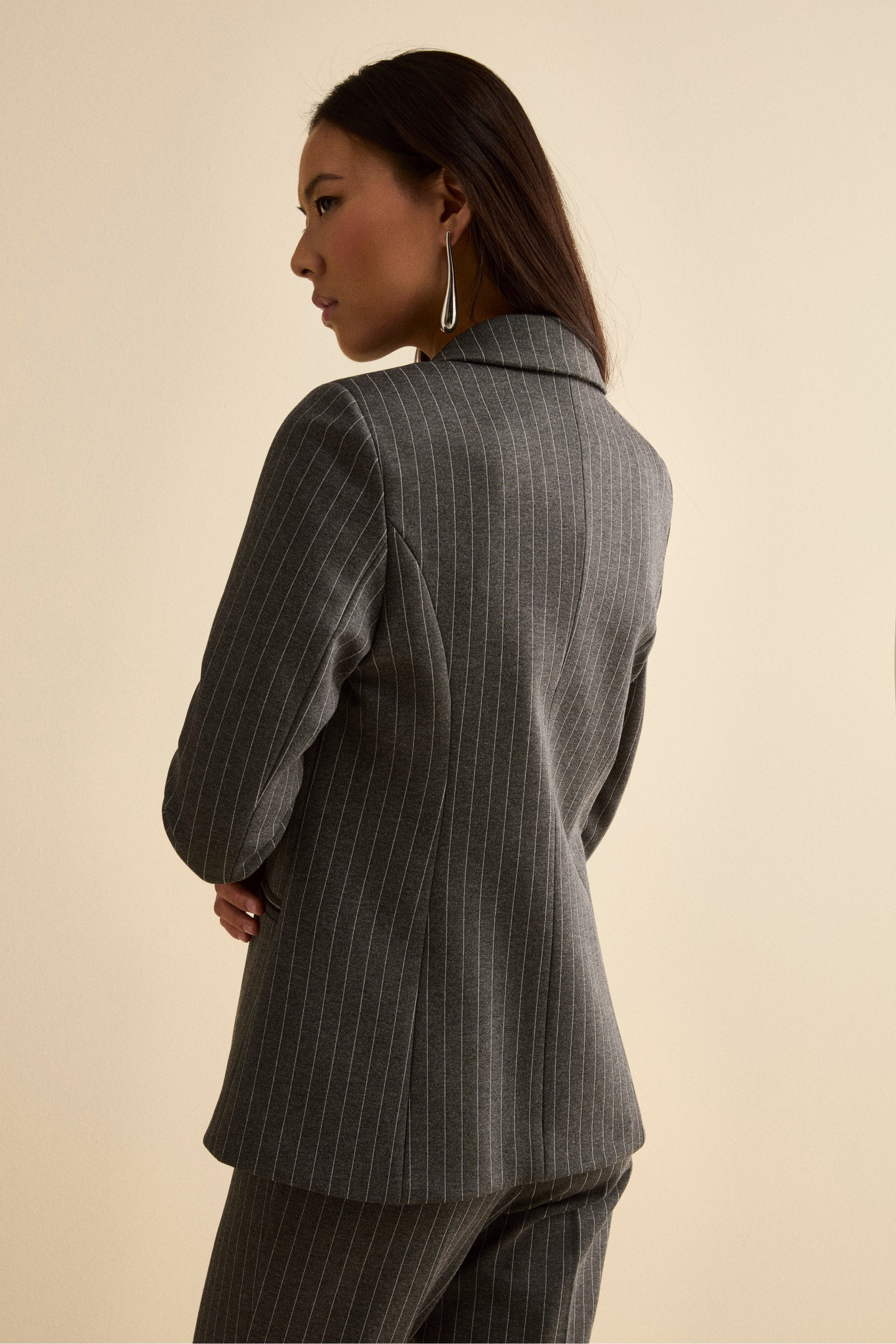 Pinstripe Single-Breasted Suit with Classic Lapel - Grey pinstripe