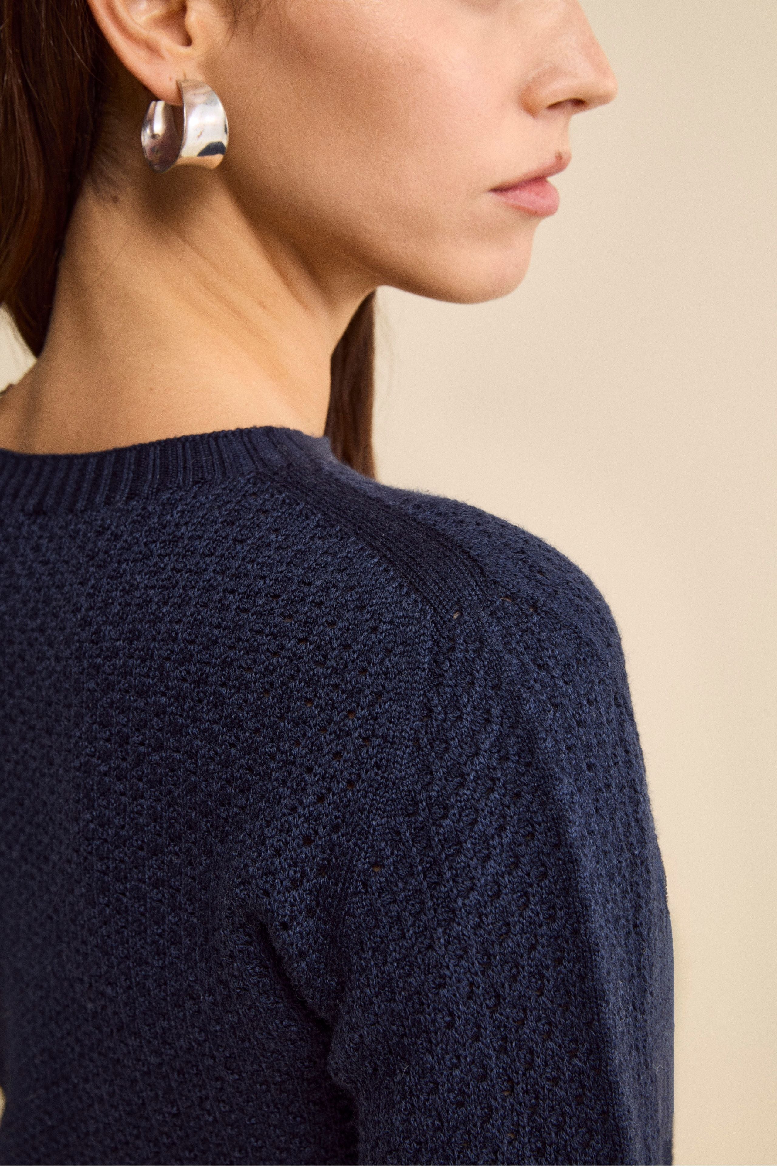 Openwork Merino Wool Crewneck Sweater - Navy blue