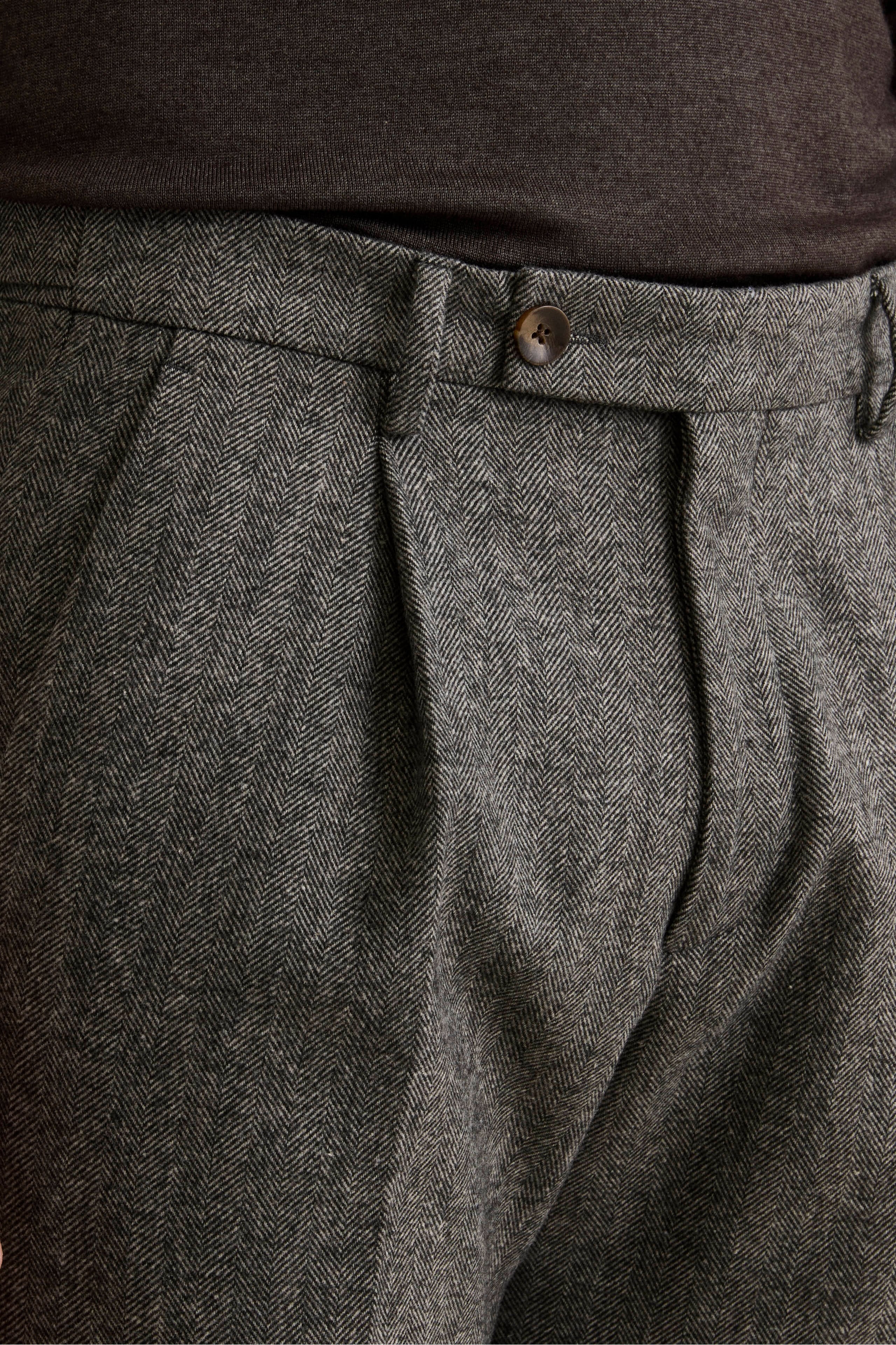 Herringbone Straight Trousers in Wool Blend with Cuff - Grey melange