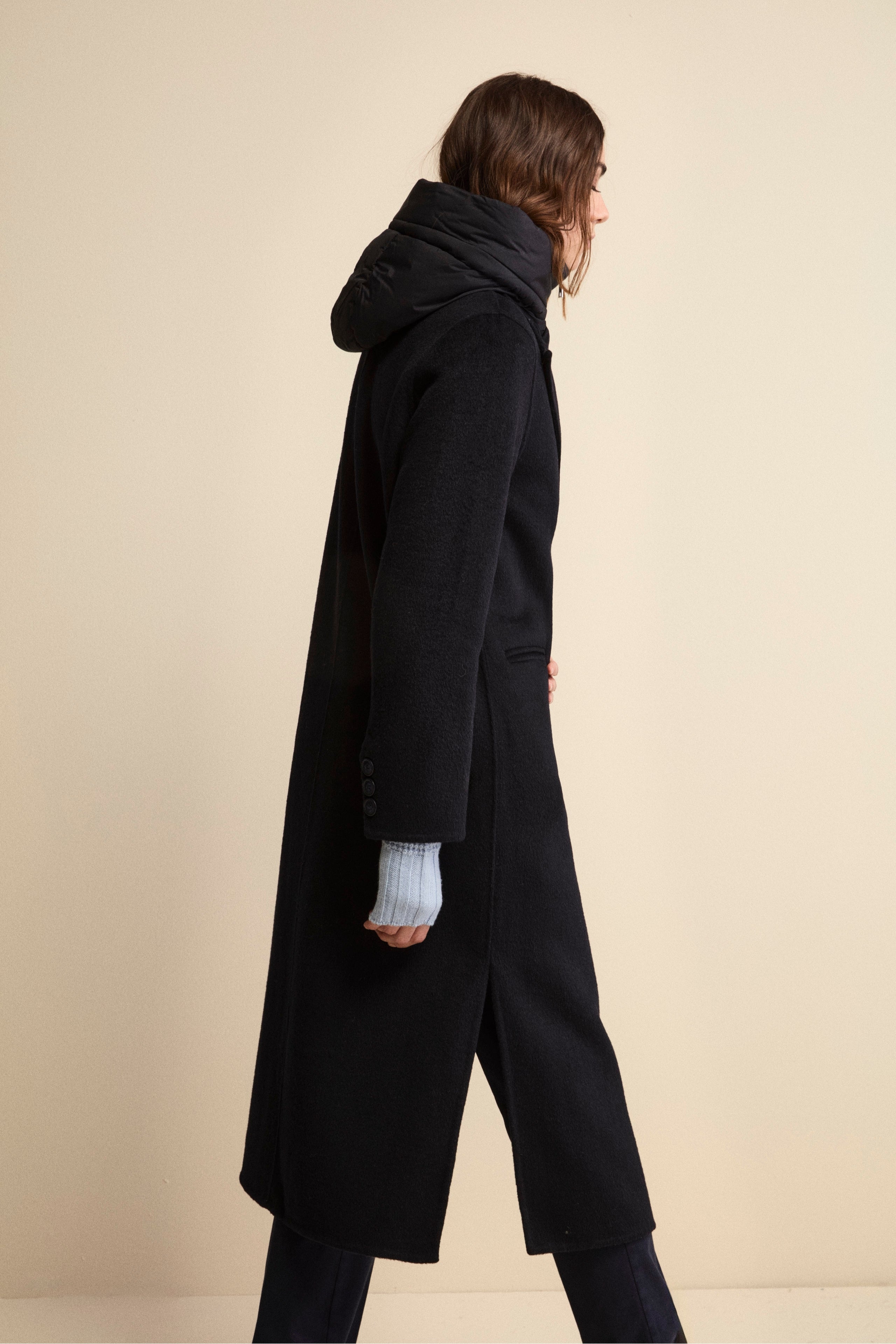 Long Wool-Blend Coat with Detachable Bib and Hood - BLUE