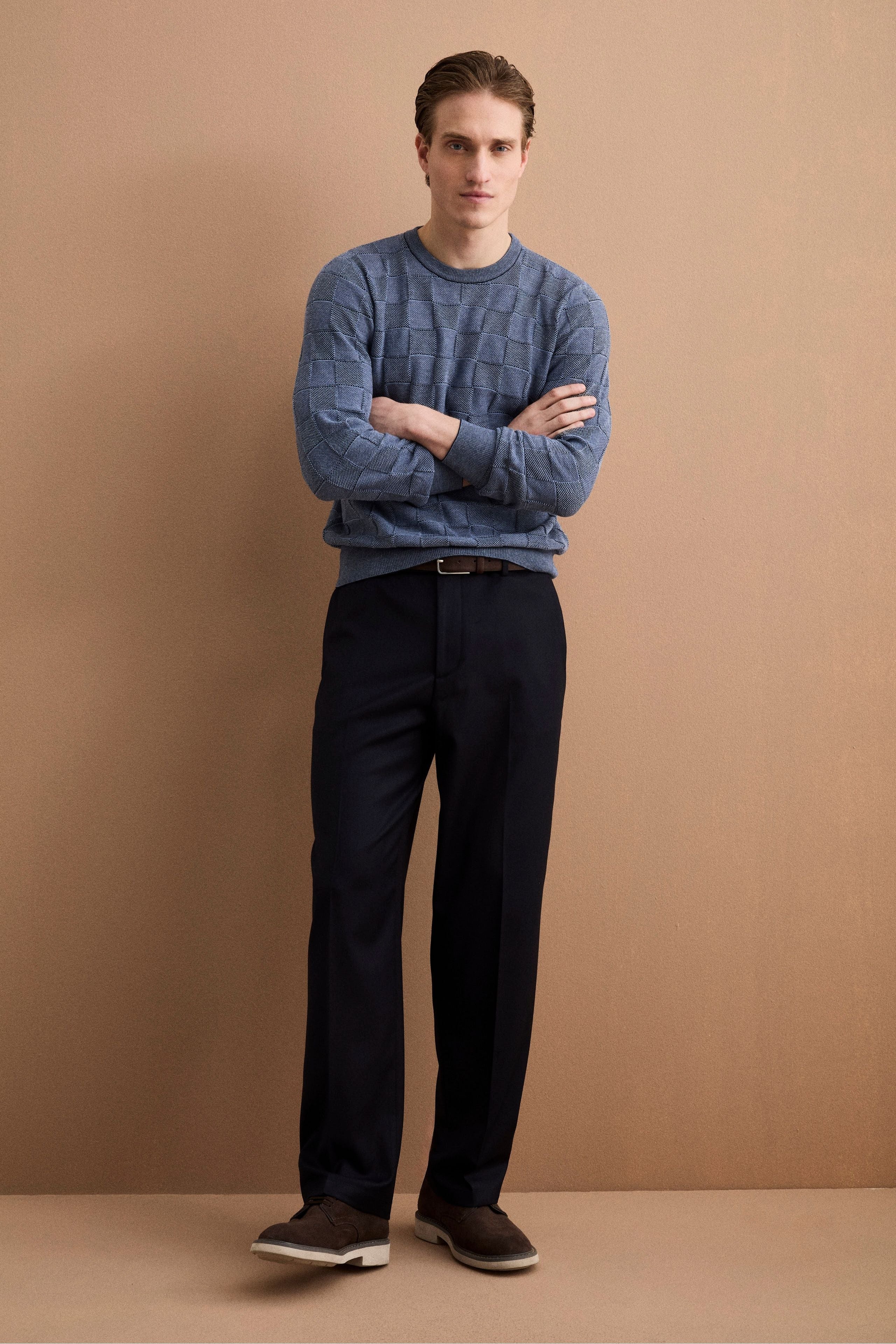 Karo-Strickpullover mit Rundhals aus Baumwolle - Blau-Grau