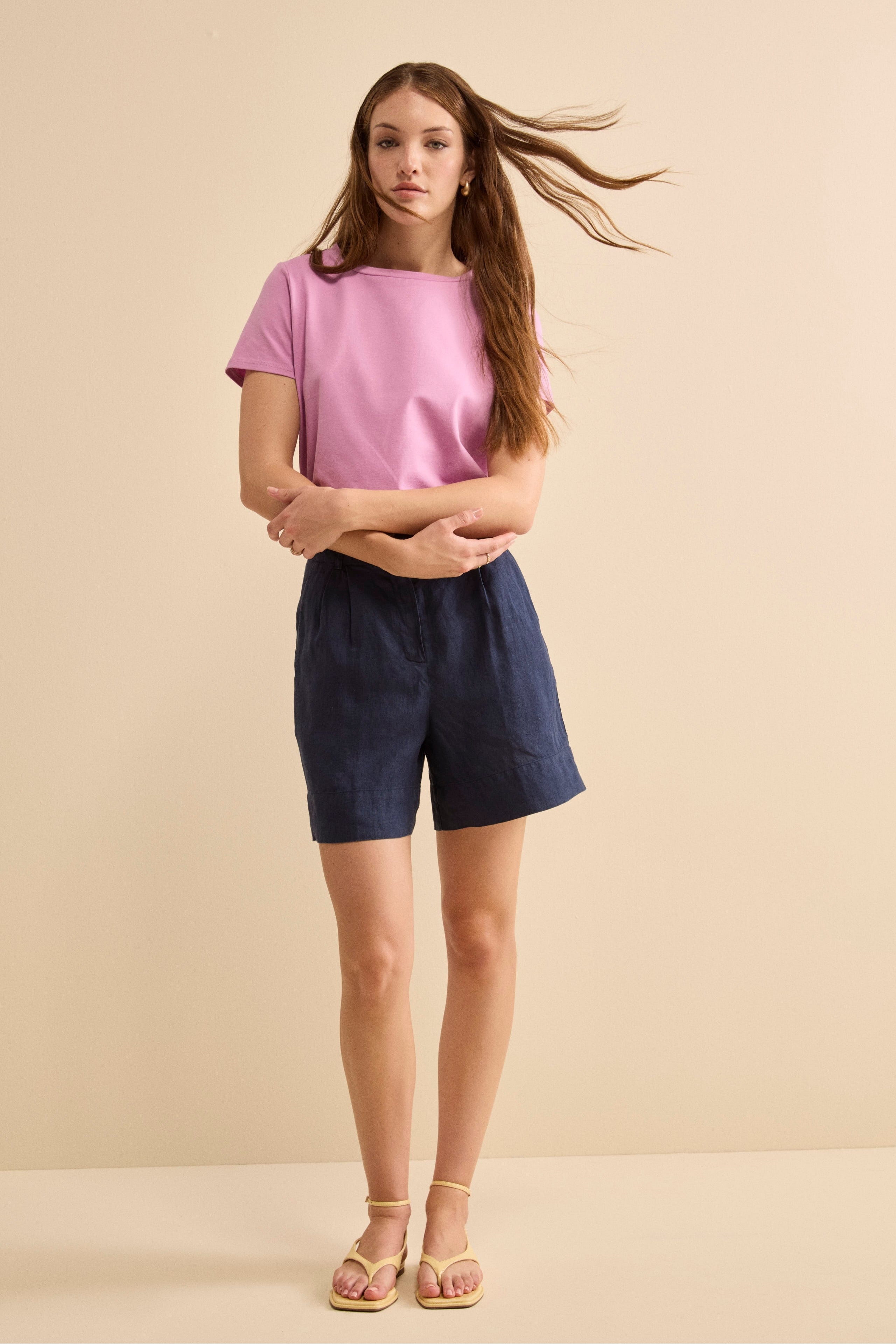 Bermuda in Lino con Bottoni - NAVY