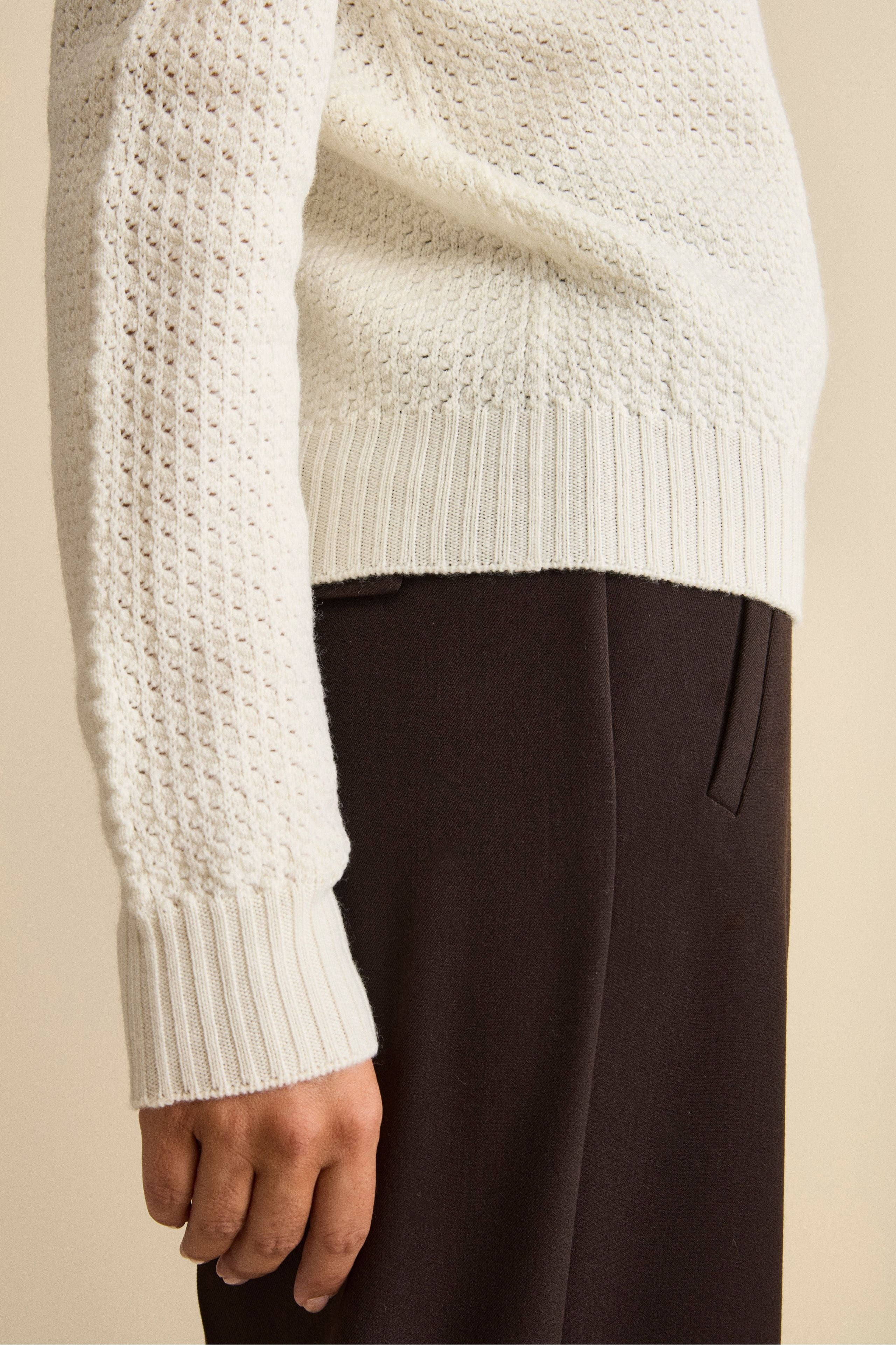 Openwork Merino Wool Crewneck Sweater - ECRU