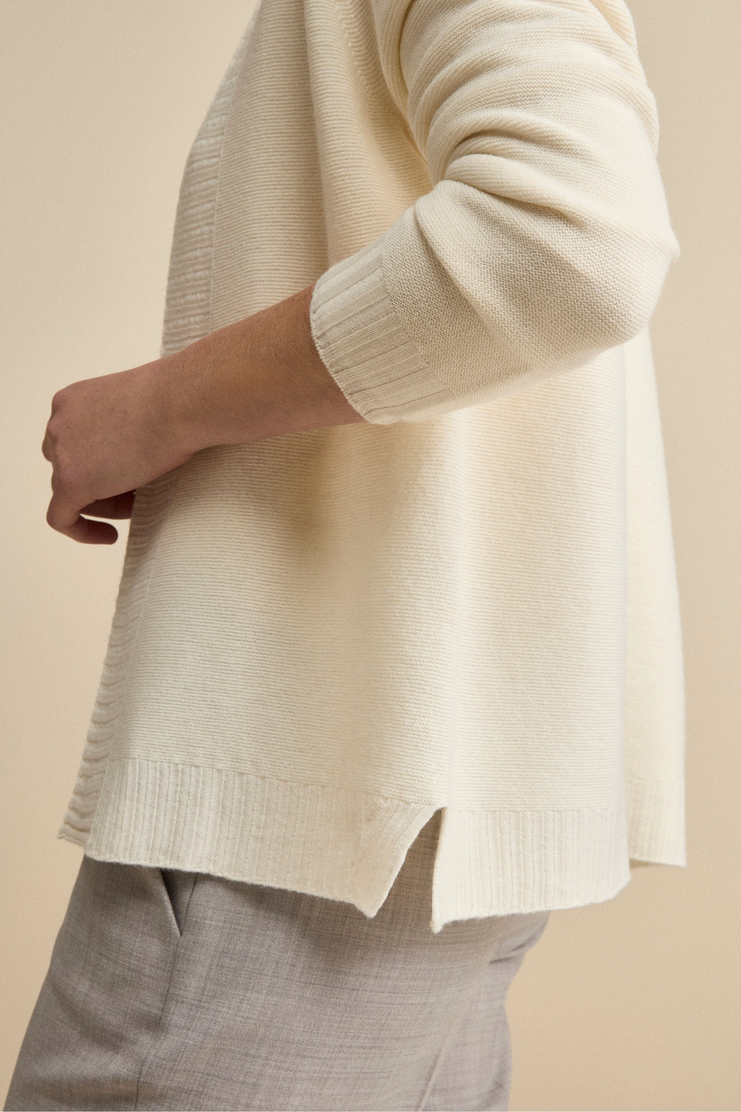Long Wool Cardigan with Shawl Collar - CREAM
