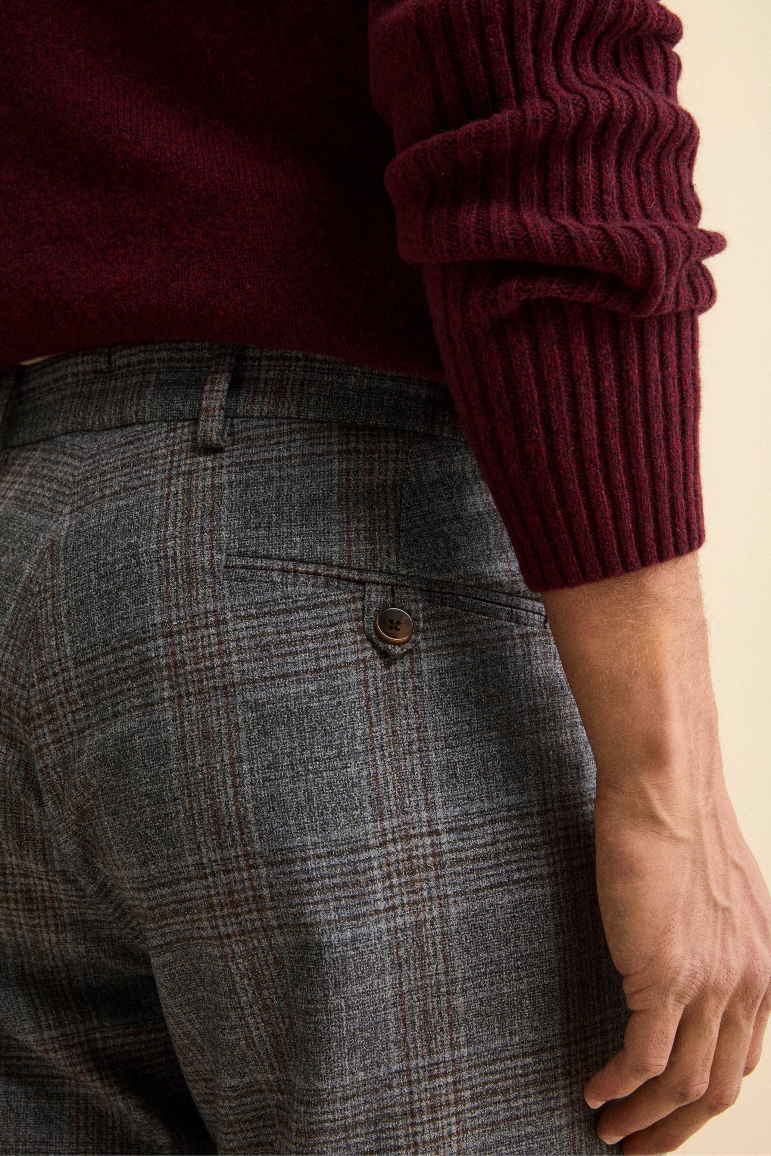 Wool Prince of Wales Trousers with Pleats and Cuffs - Blue melange