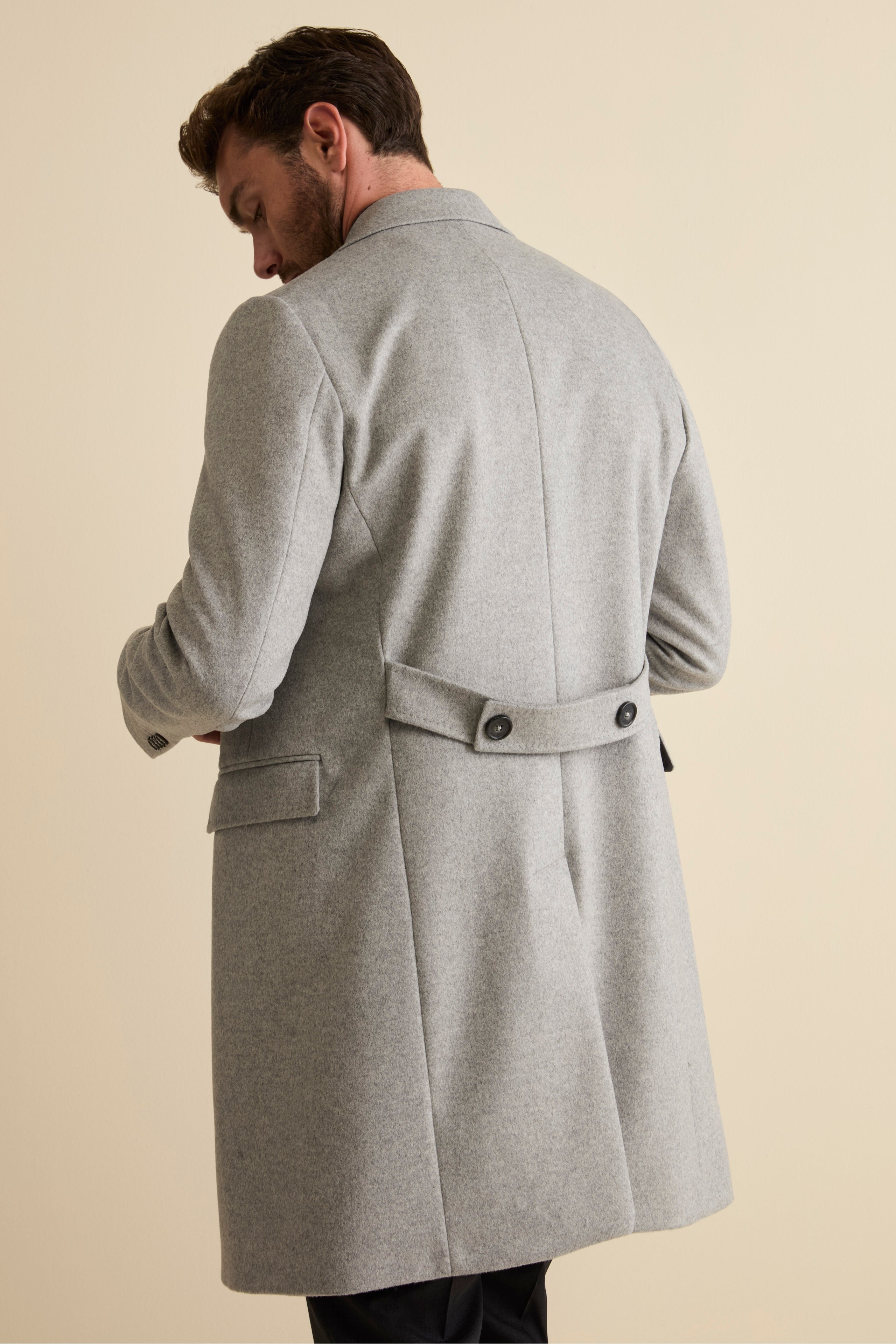 Midi Double-Breasted Coat in Wool and Cashmere Blend with Half-Belt - Light grey
