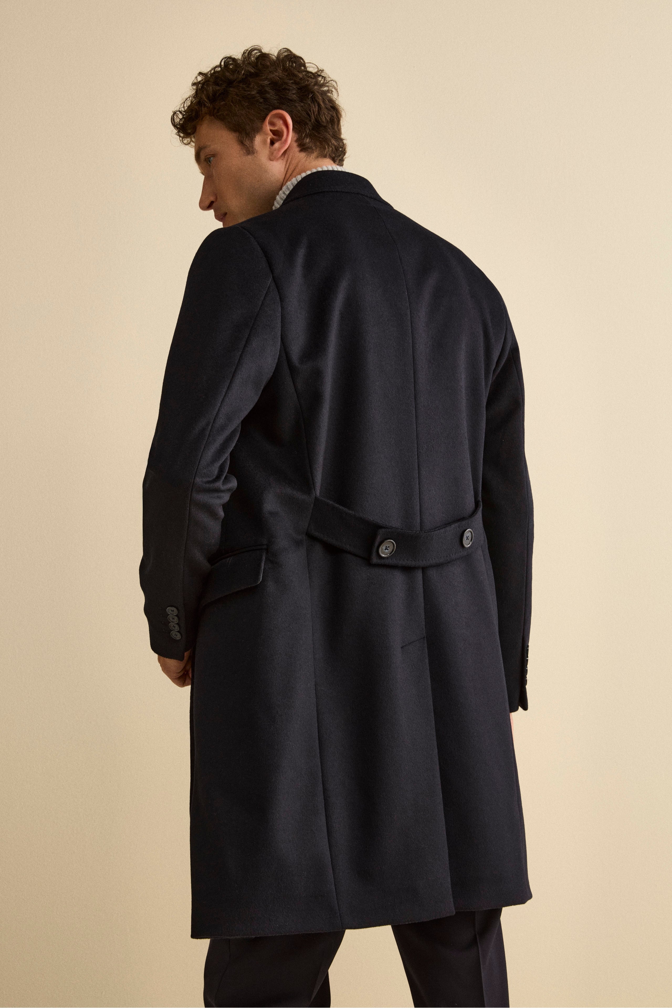 Midi Double-Breasted Coat in Wool and Cashmere Blend with Half-Belt - BLUE