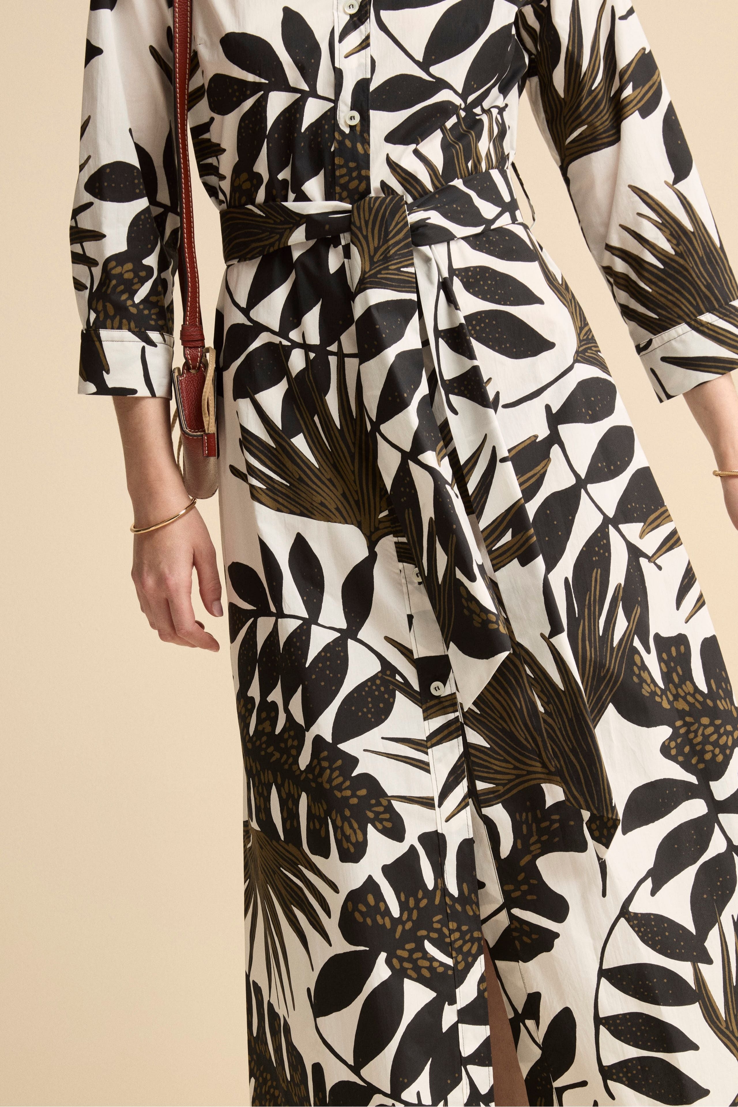 Abito Floreale in Popeline con Cintura - FANT. BIANCO/NERO