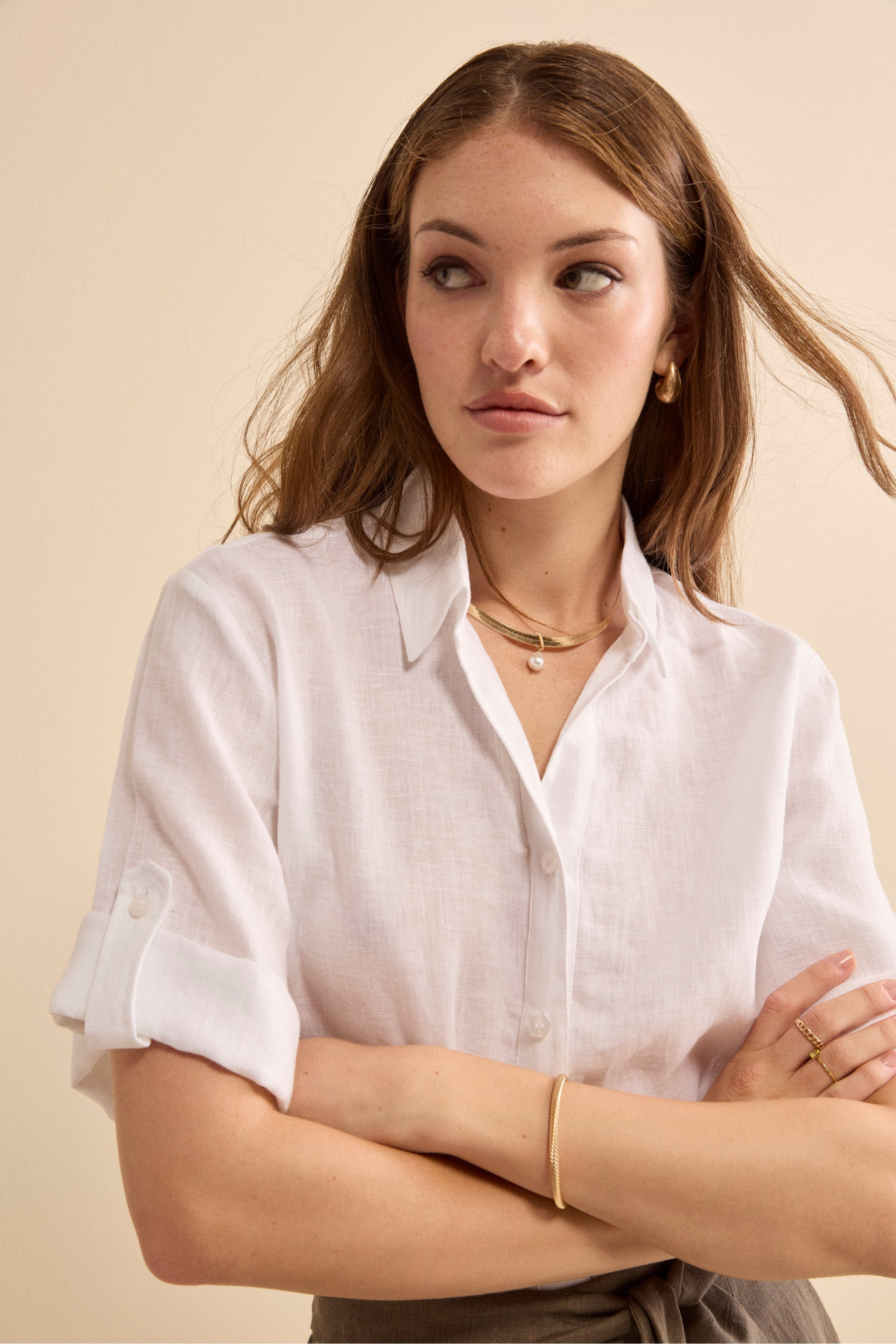 Camicia Over in Lino con Risvolto - BIANCO