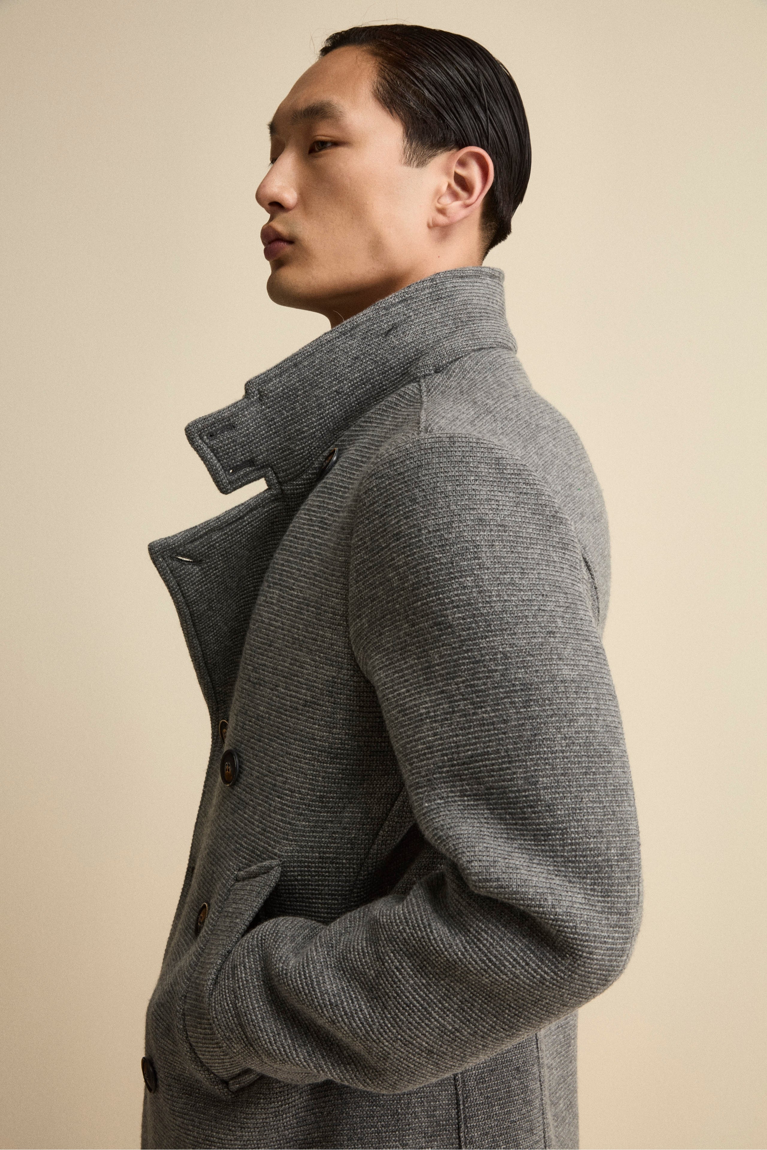 Wool-Blend Double-Breasted Peacoat with Bib - Grey melange