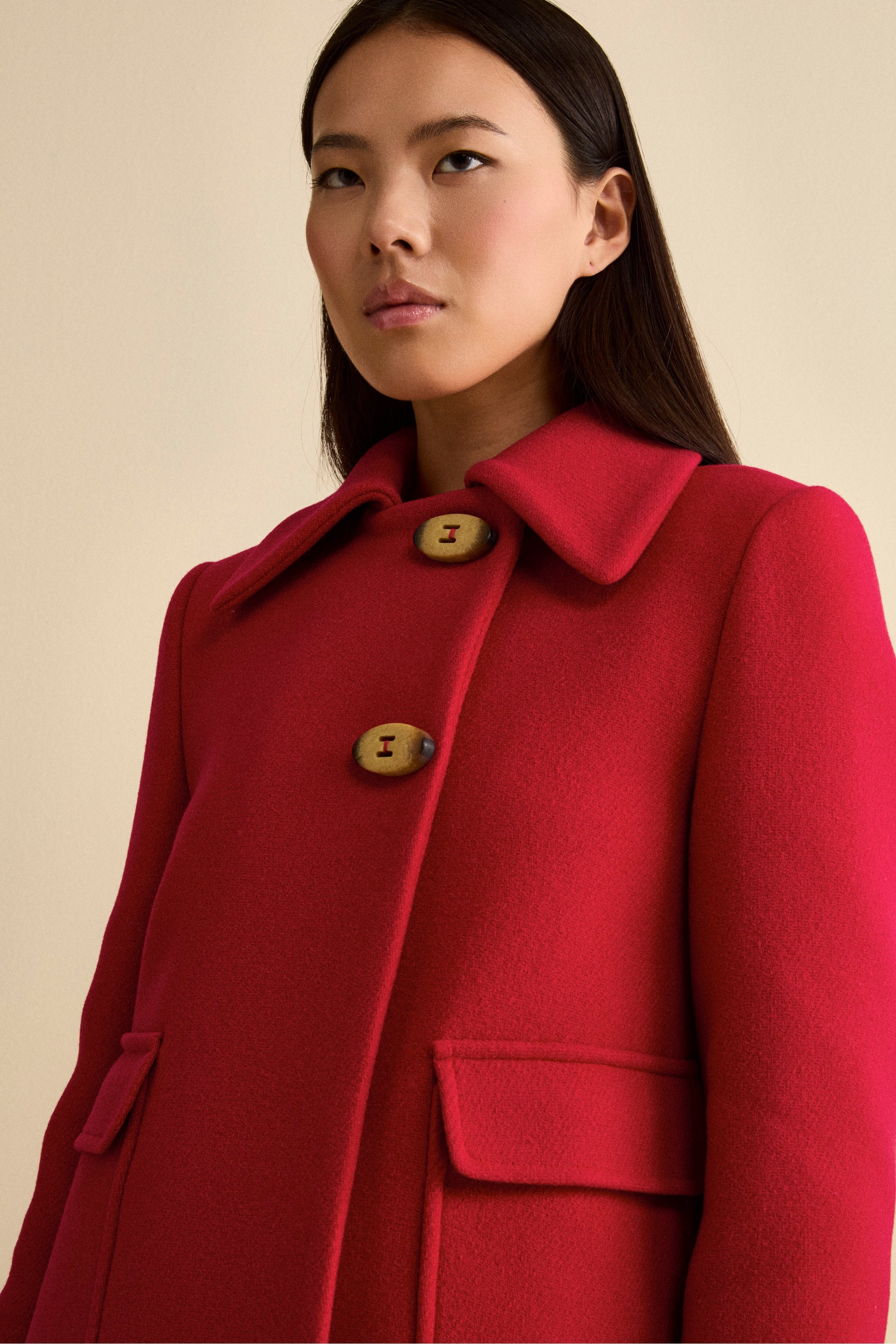 Manteau Court Évasé en Laine Vierge Mélangée - ROUGE