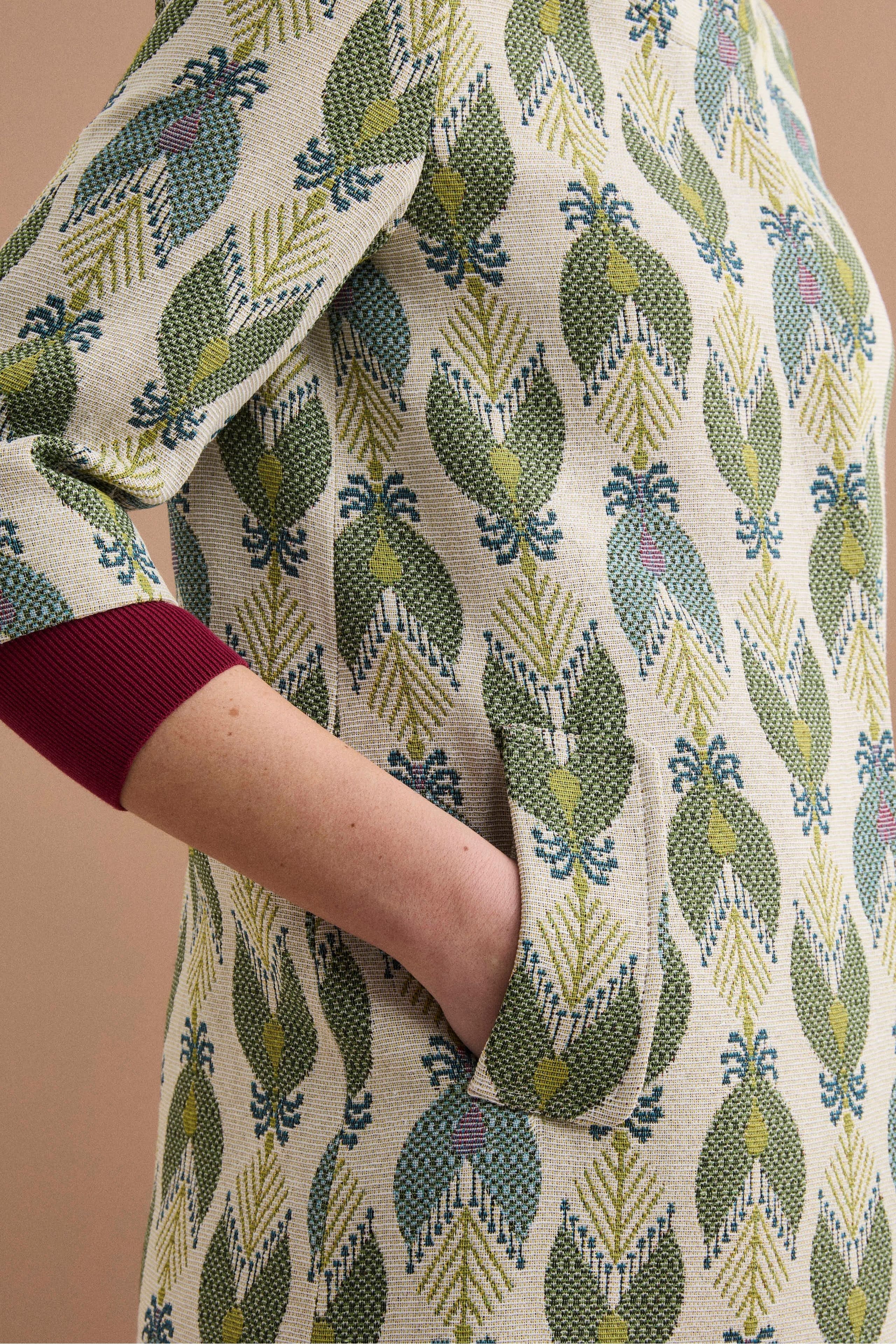 Leichter Gefütterter Mantel im Jacquardmuster - Grünes Muster