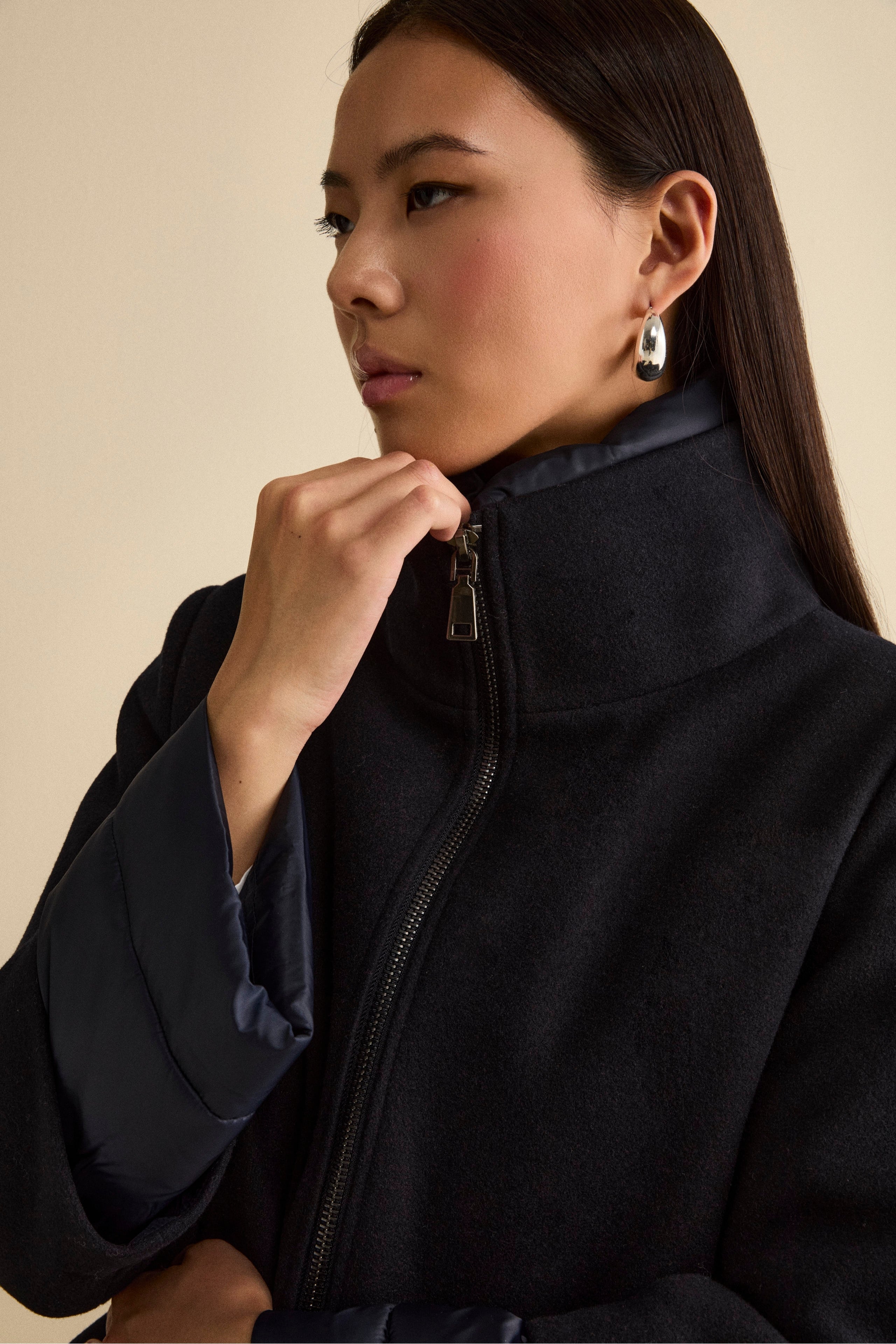 Quilted Flared Jacket with Zip - BLUE