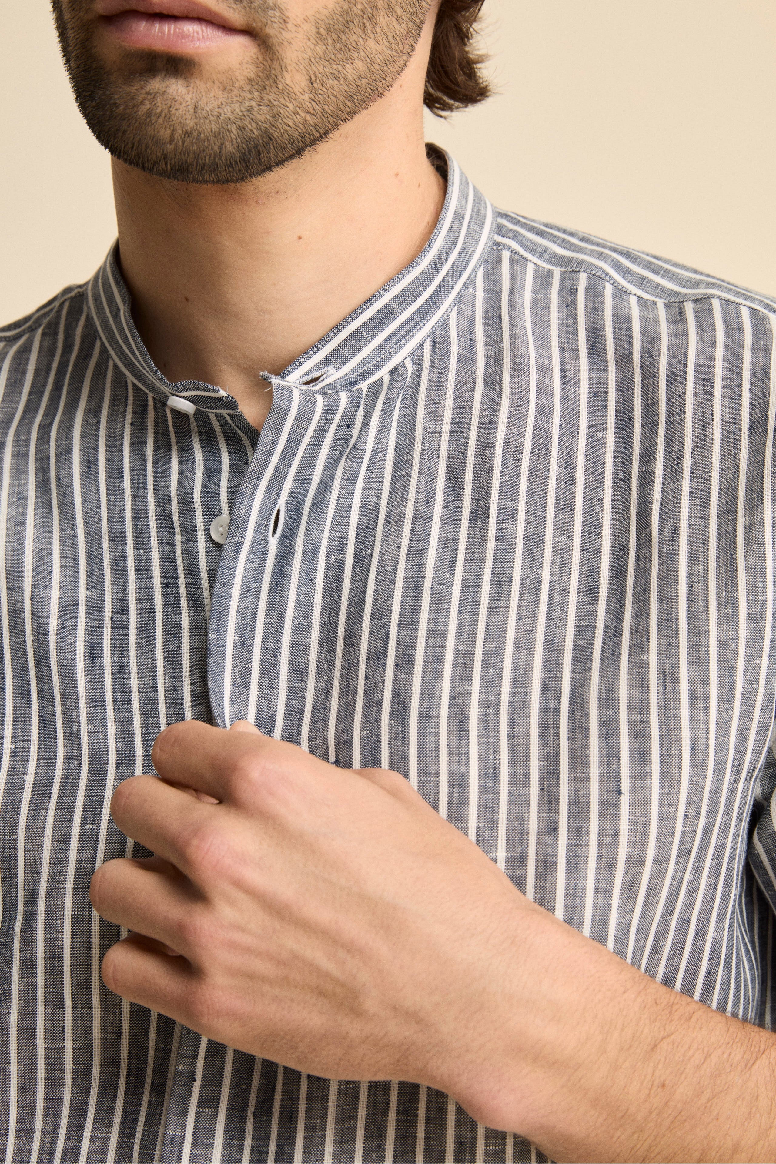 Camicia Rigata Custom Fit con Collo Coreana in Lino - BLU RIGATO