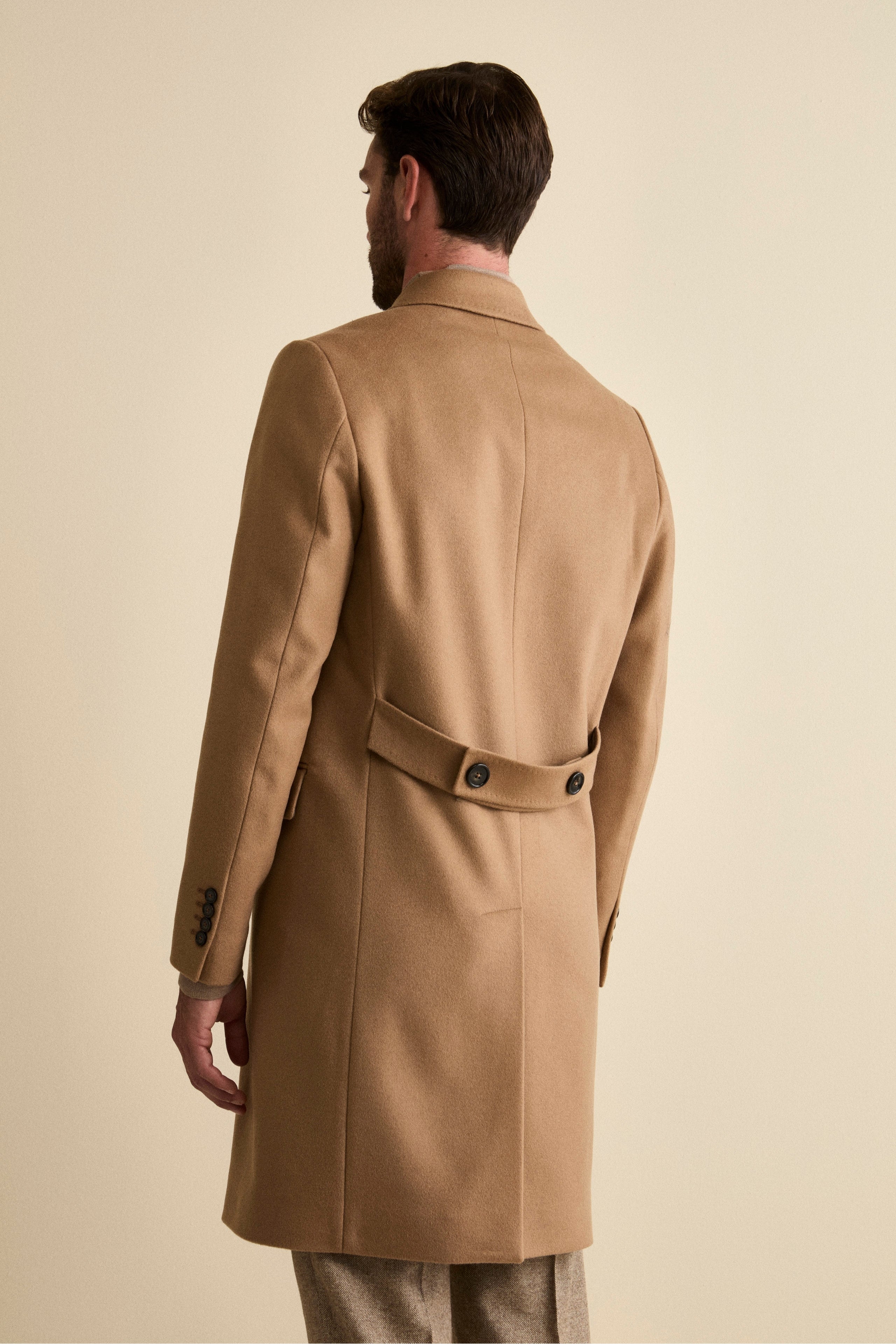 Midi Double-Breasted Coat in Wool and Cashmere Blend with Half-Belt - Camel