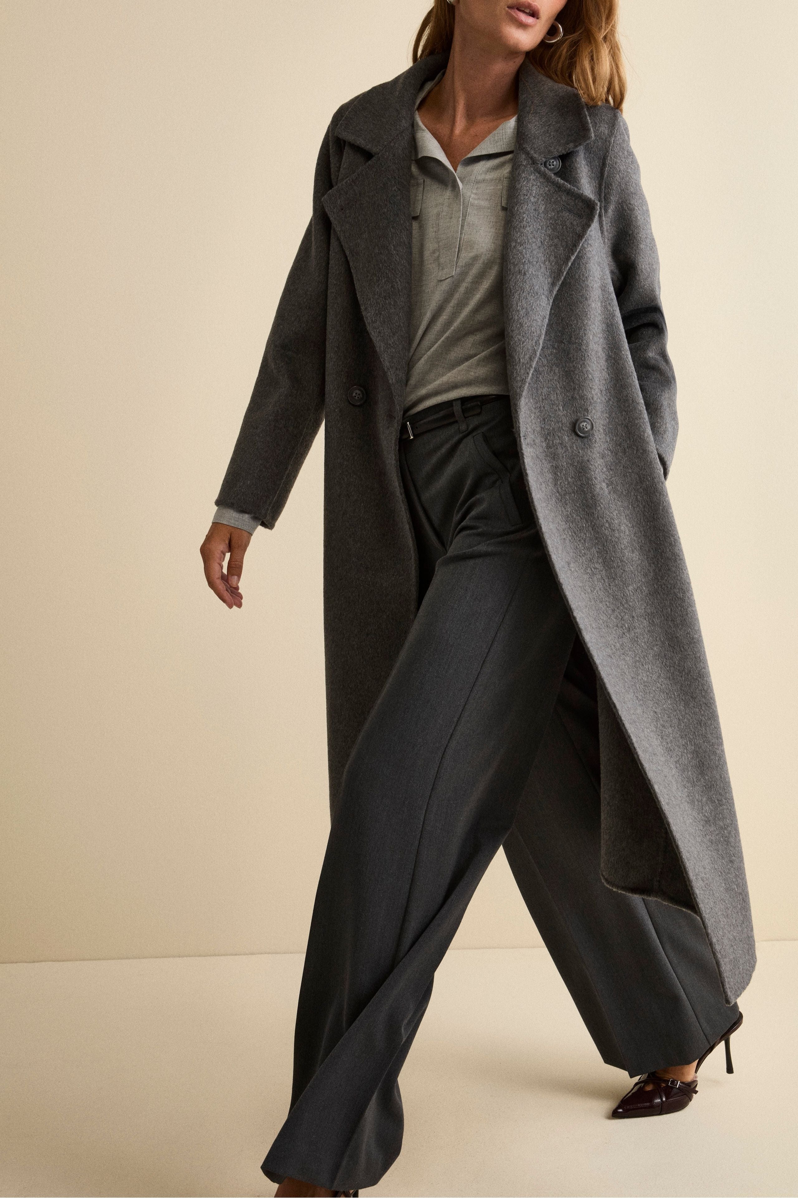 Unlined Long Double-Breasted Coat in Wool Blend - GREY