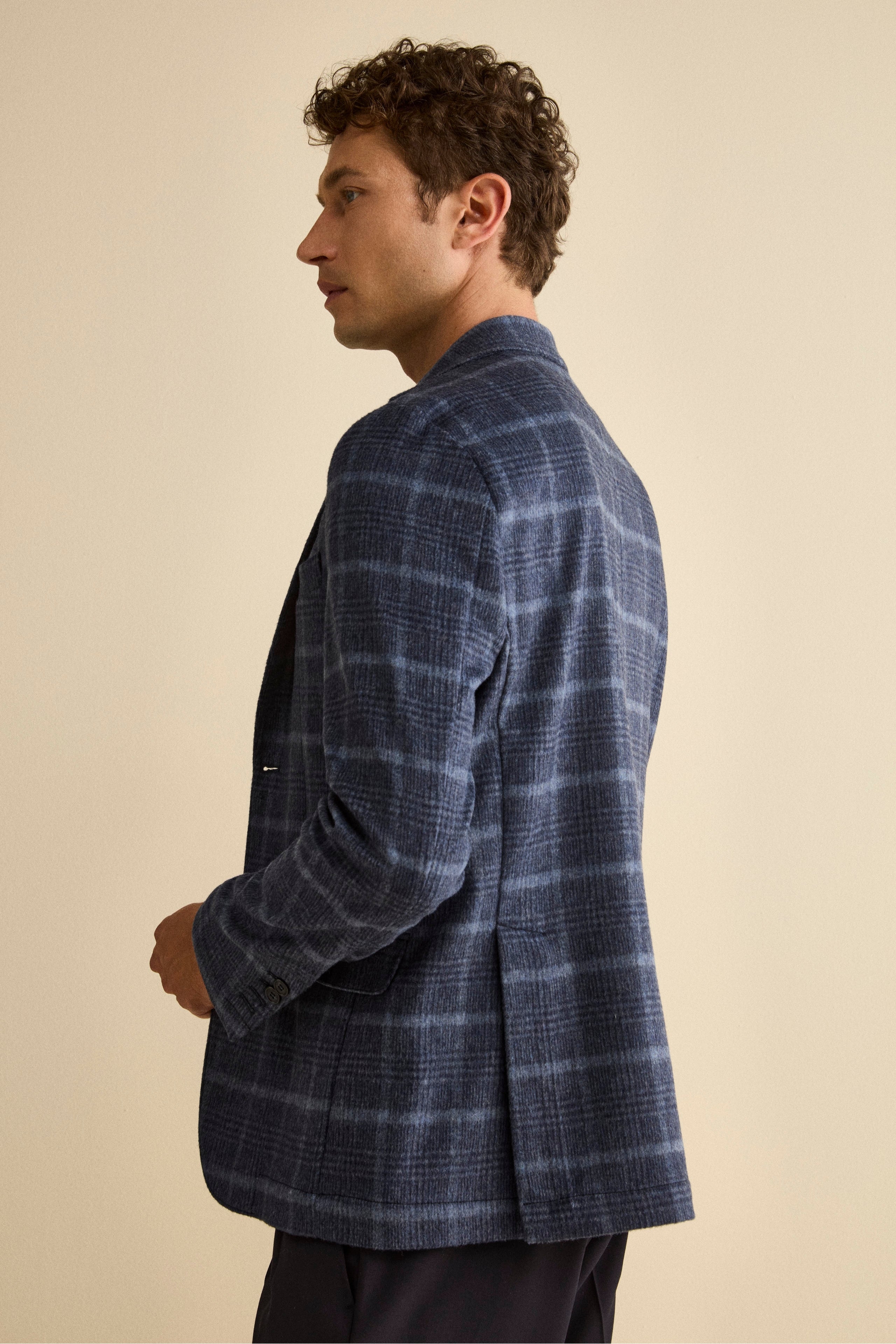 Unstructured Check Jacket in Wool Blend - BLUE