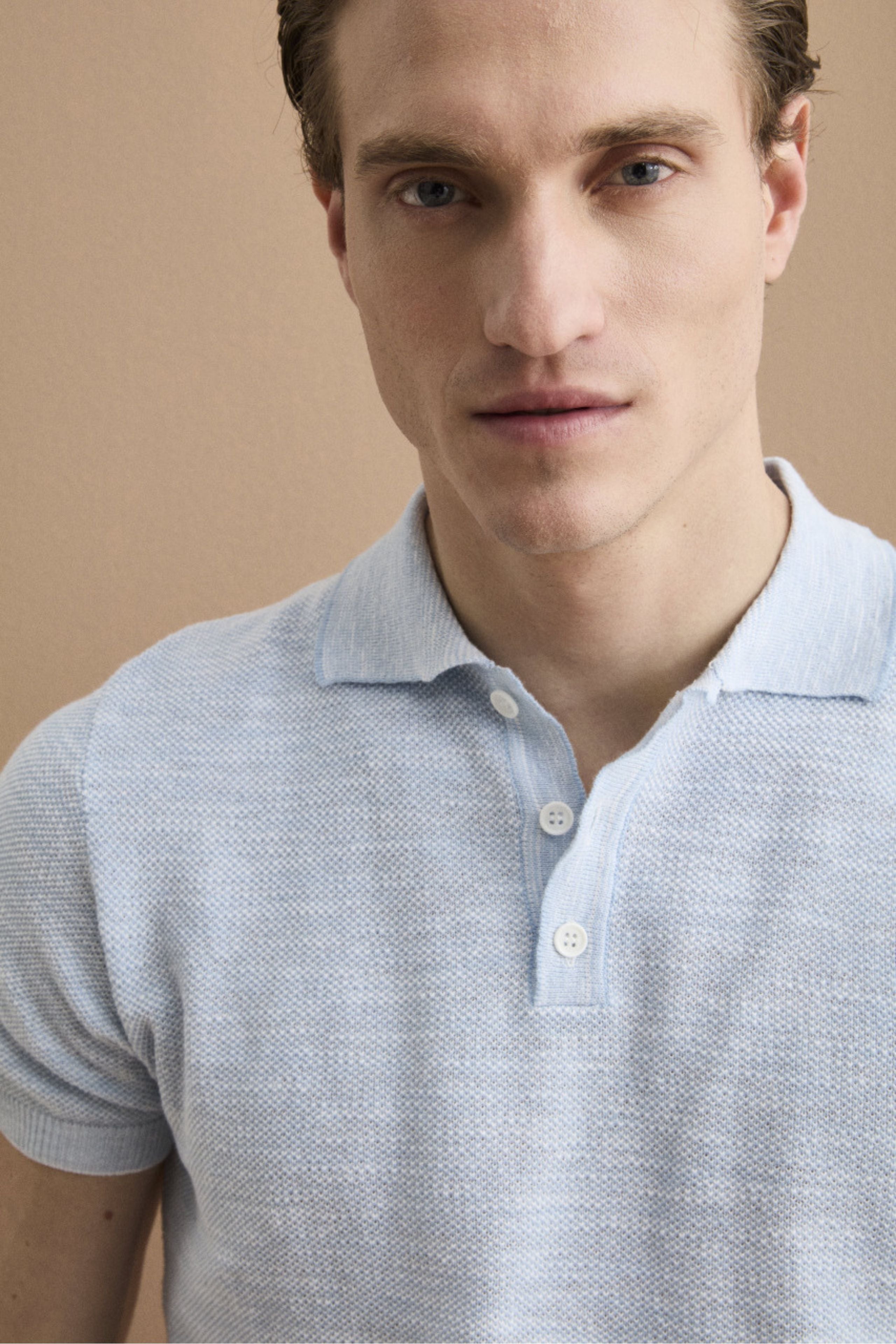 Polo Manica Corta in Misto Lino - AZZURRO