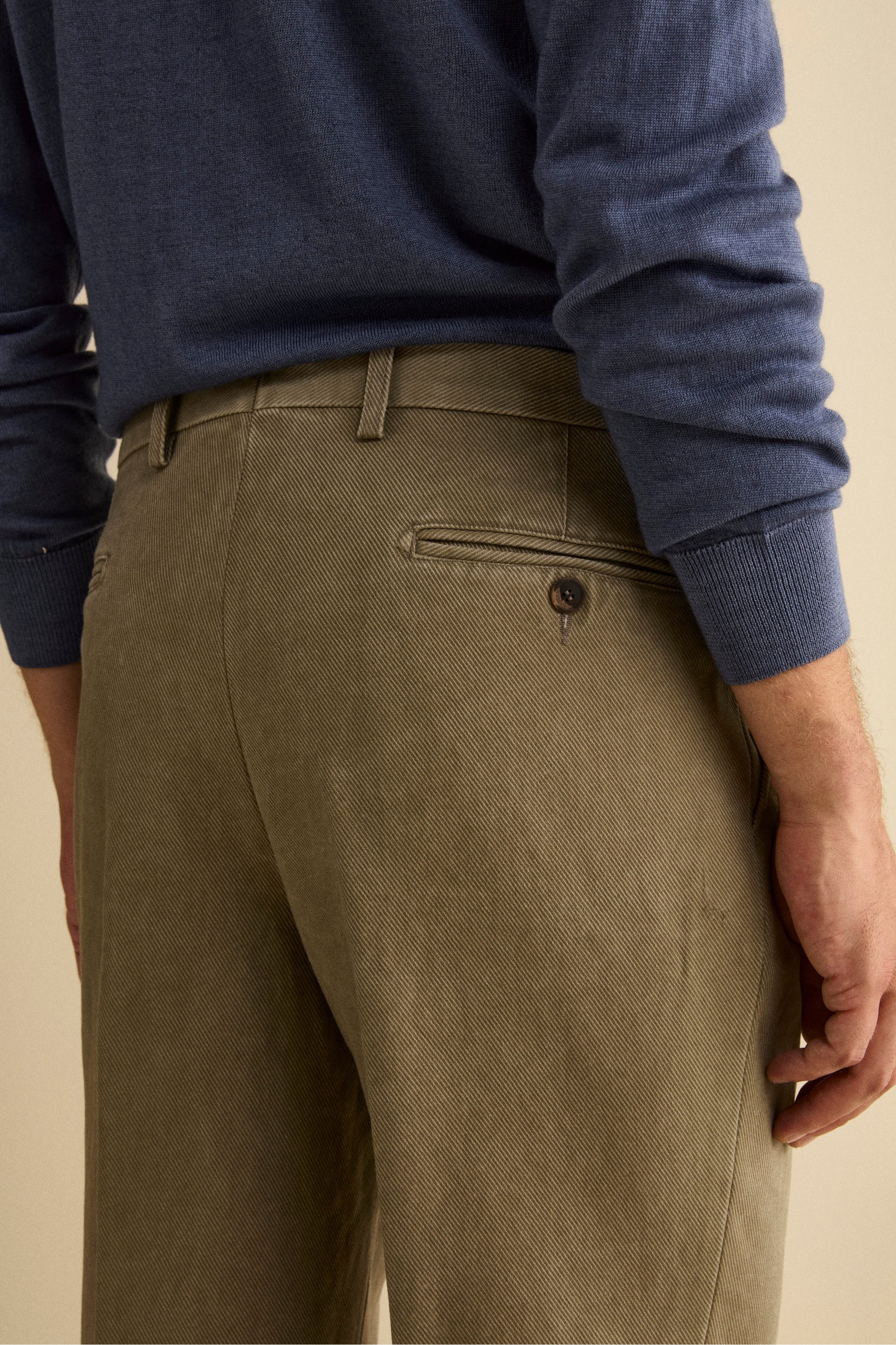 Cotton Slim Fit Pleated Trousers - BEIGE