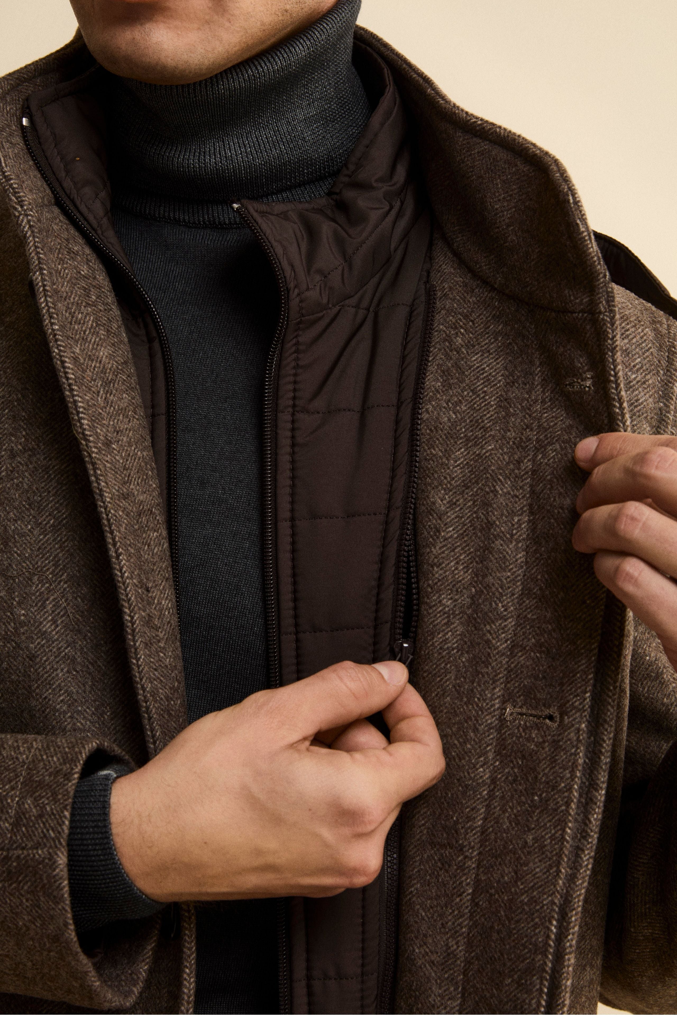 Herringbone Midi Coat in Wool and Cashmere Blend - BROWN MELANGE