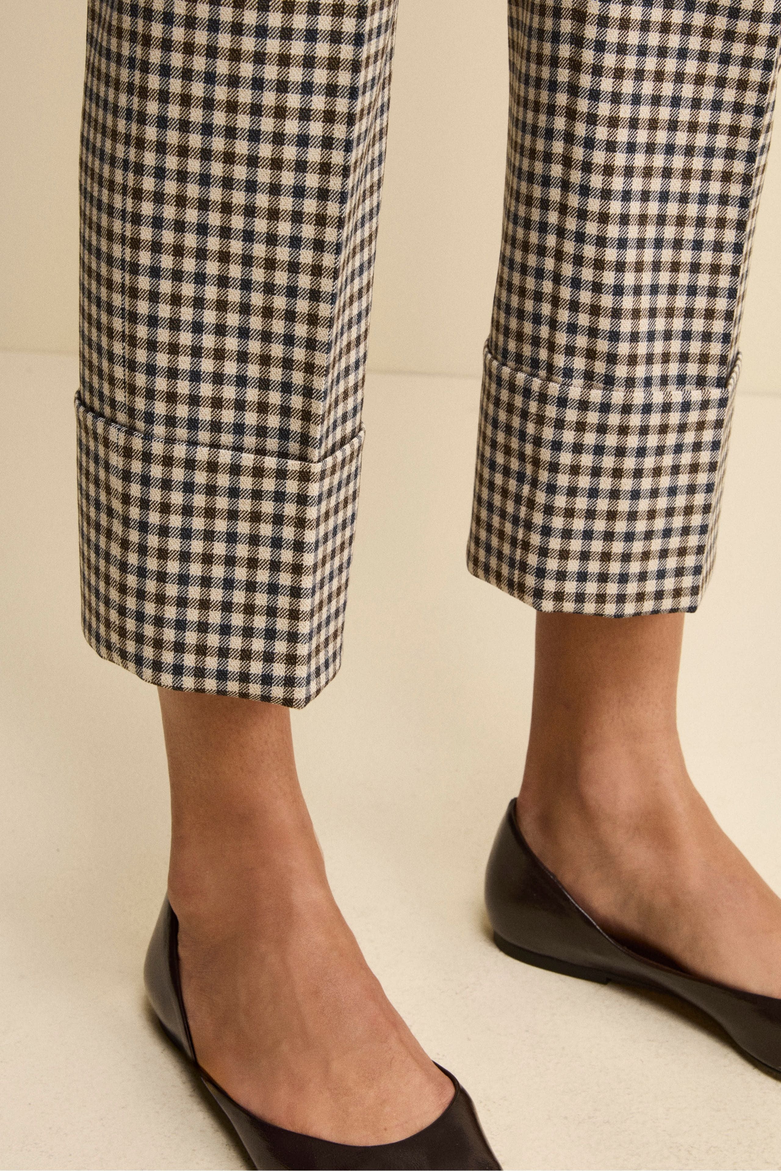 Slim-Fit Cigarette Trousers with Turn-Up Hem - Beige check