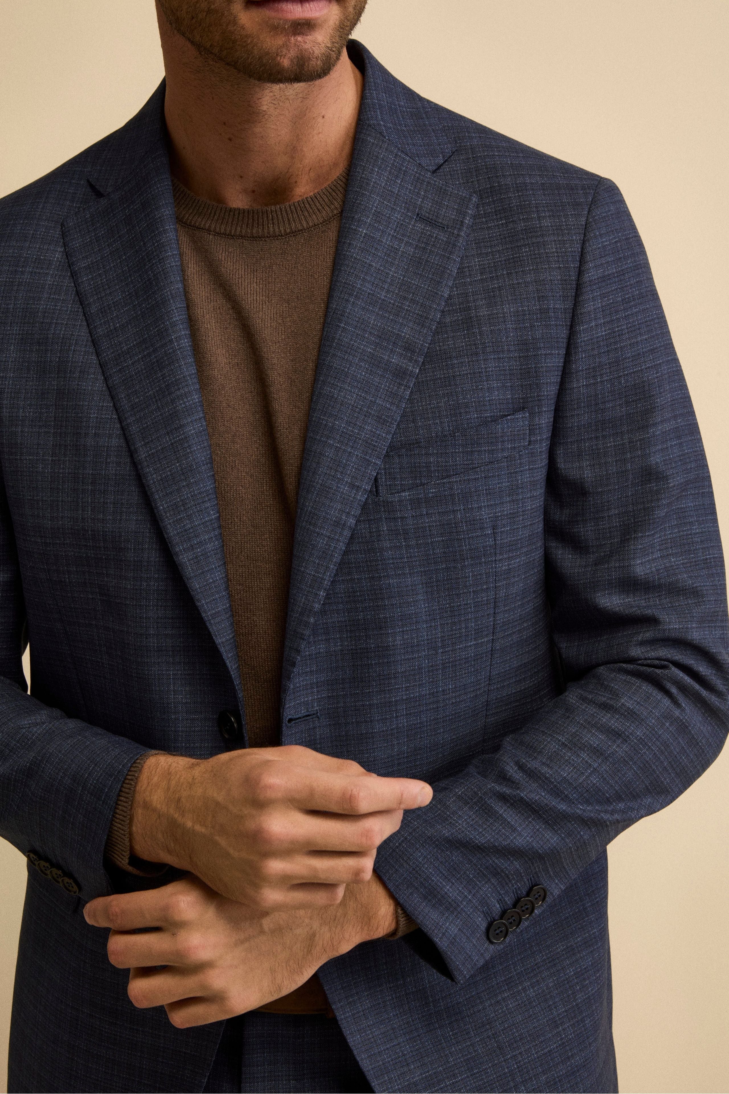 Check Comfort Fit Suit in Virgin Wool - Blue pattern