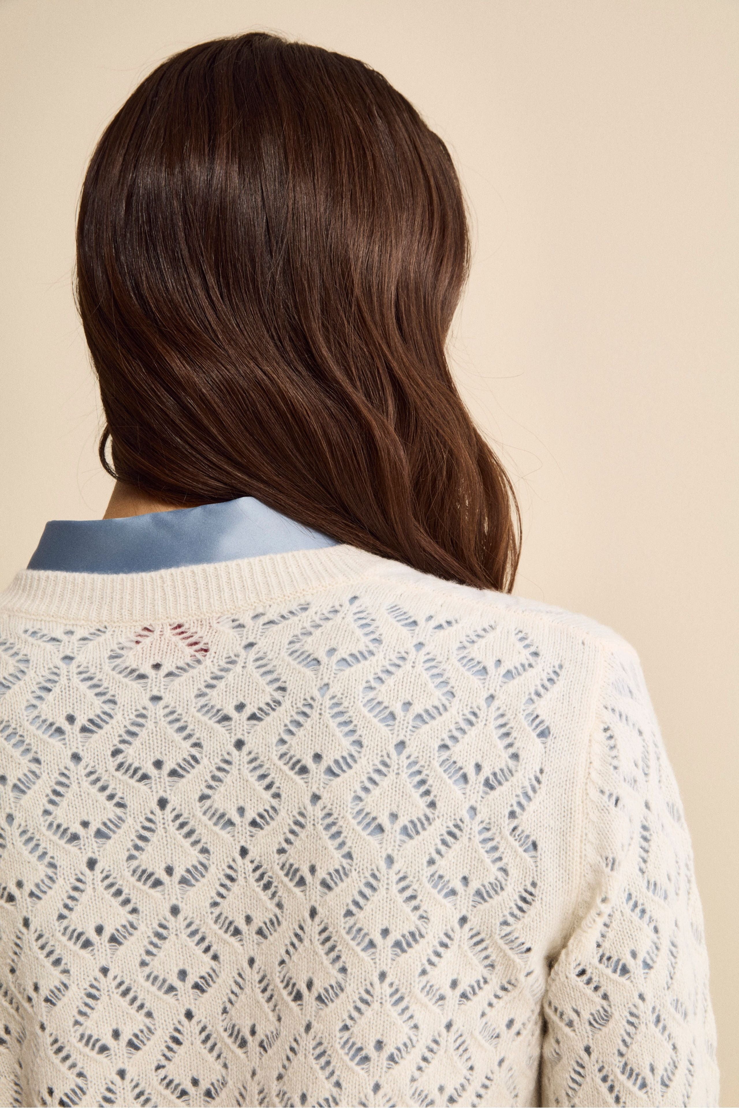 Openwork V-Neck Cardigan in Wool and Cashmere - Cream white