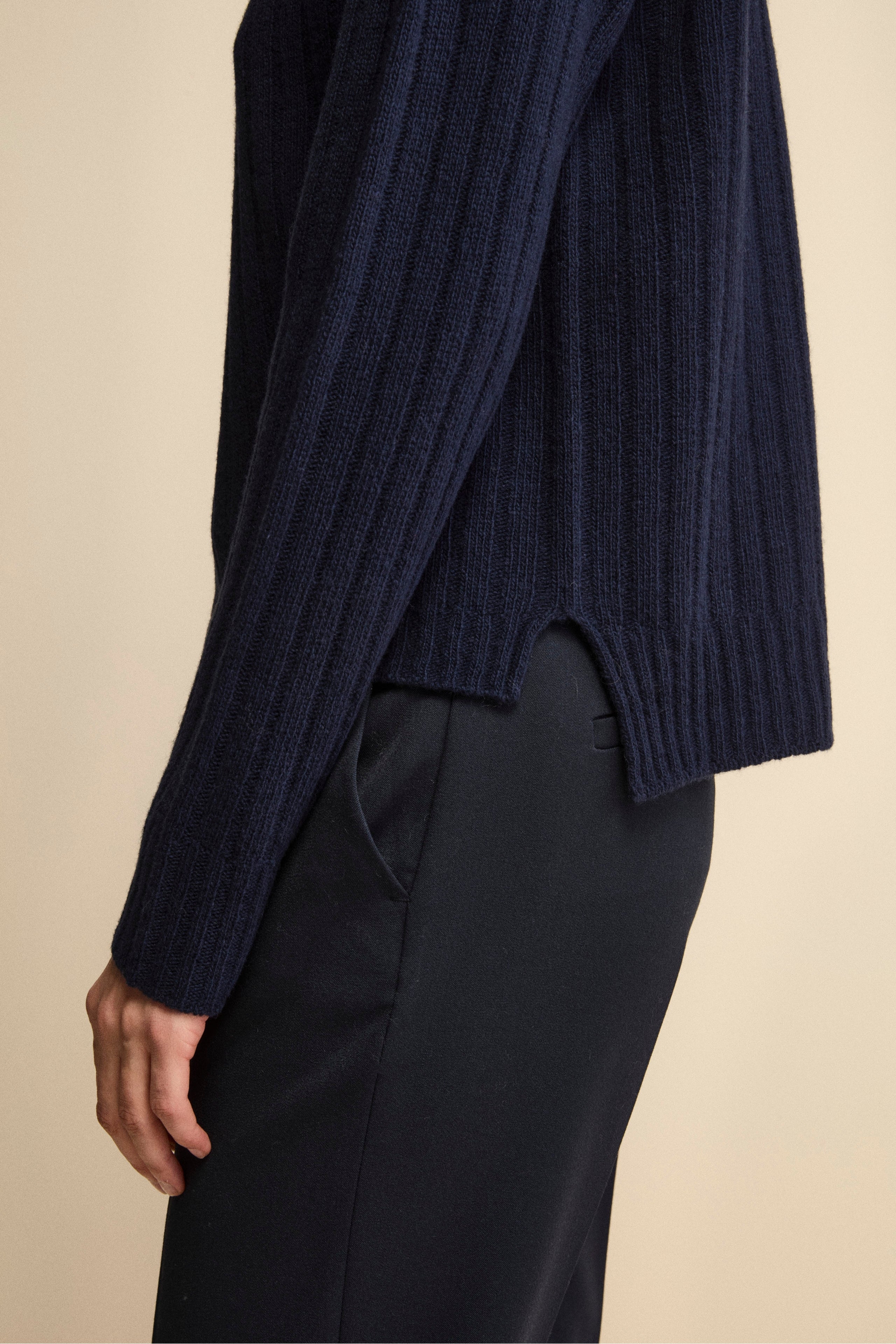 Turtleneck in Wool and Cashmere with Cable Detail - BLUE