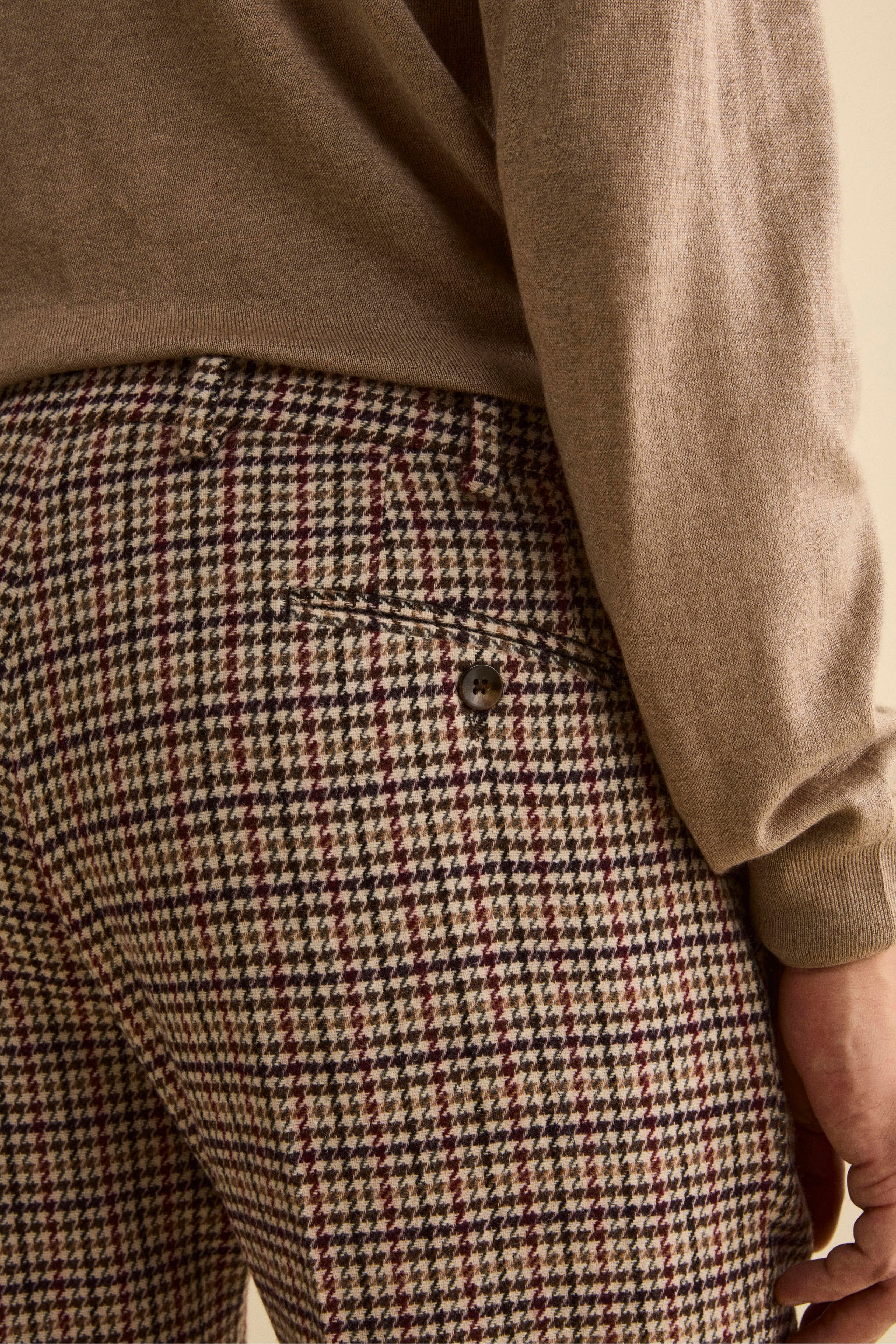 Wool-Blend Slim Fit Patterned Trousers - BEIGE HOUNDSTOOTH