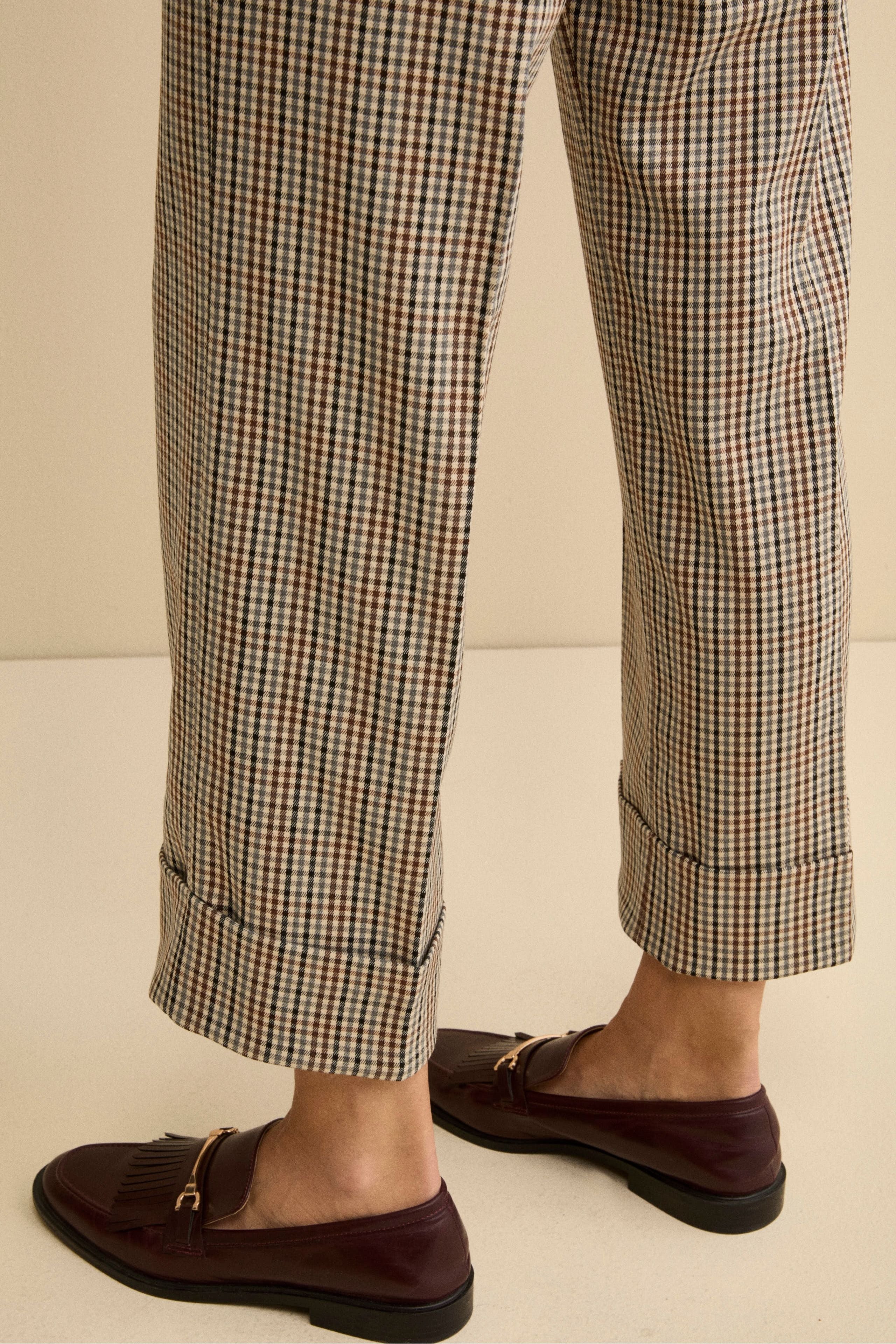 Checked Straight-Fit Trousers with Cuffed Hem - Beige check